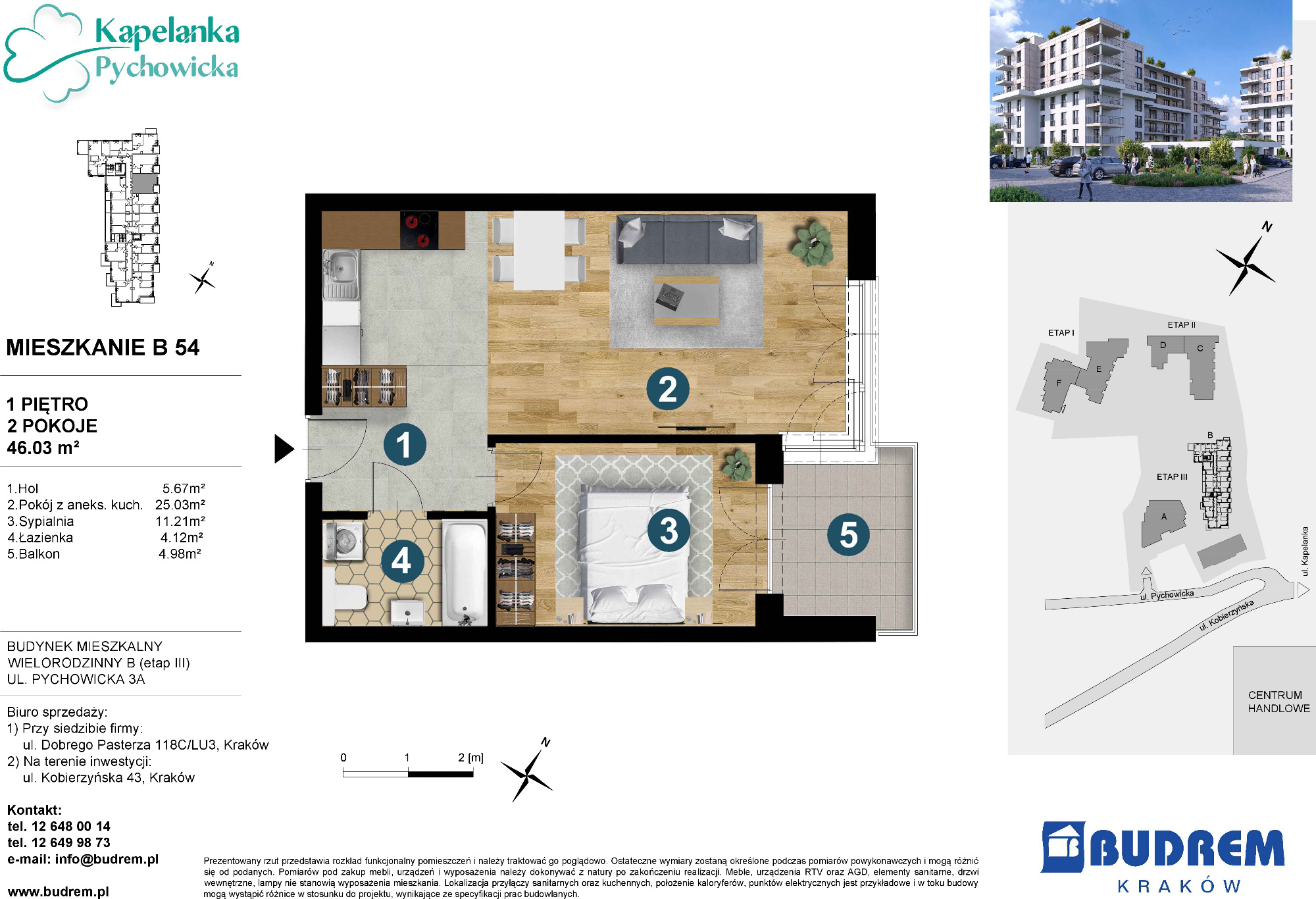 Mieszkanie 46,03 m², piętro 1, oferta nr B54, Kapelanka – Pychowicka - Budynek B, Kraków, Dębniki, Zakrzówek, ul. Pychowicka 3 / 3A-idx