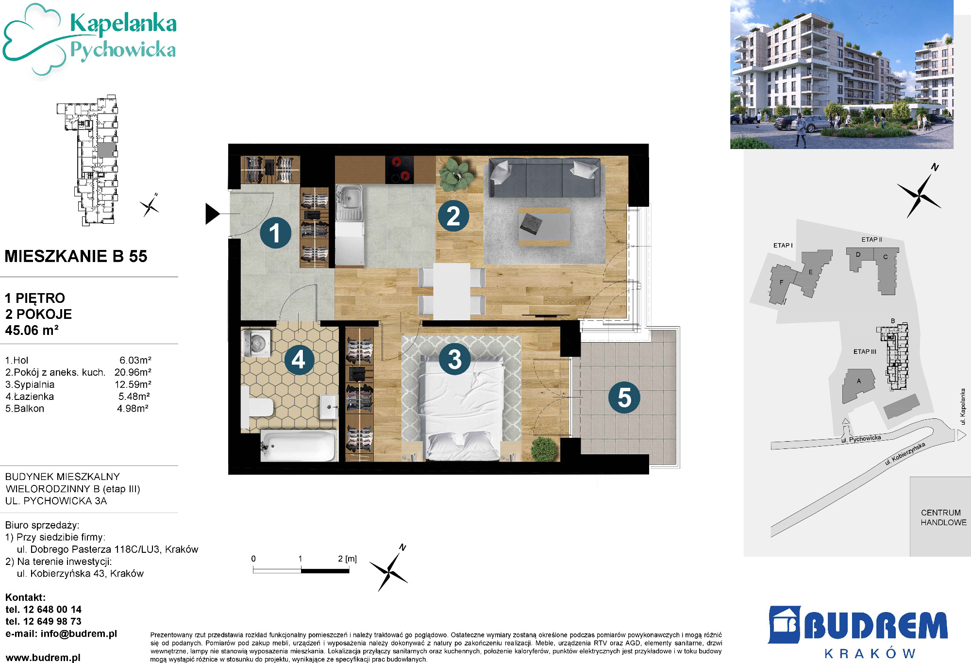 Mieszkanie 45,06 m², piętro 1, oferta nr B55, Kapelanka – Pychowicka - Budynek B, Kraków, Dębniki, Zakrzówek, ul. Pychowicka 3 / 3A-idx