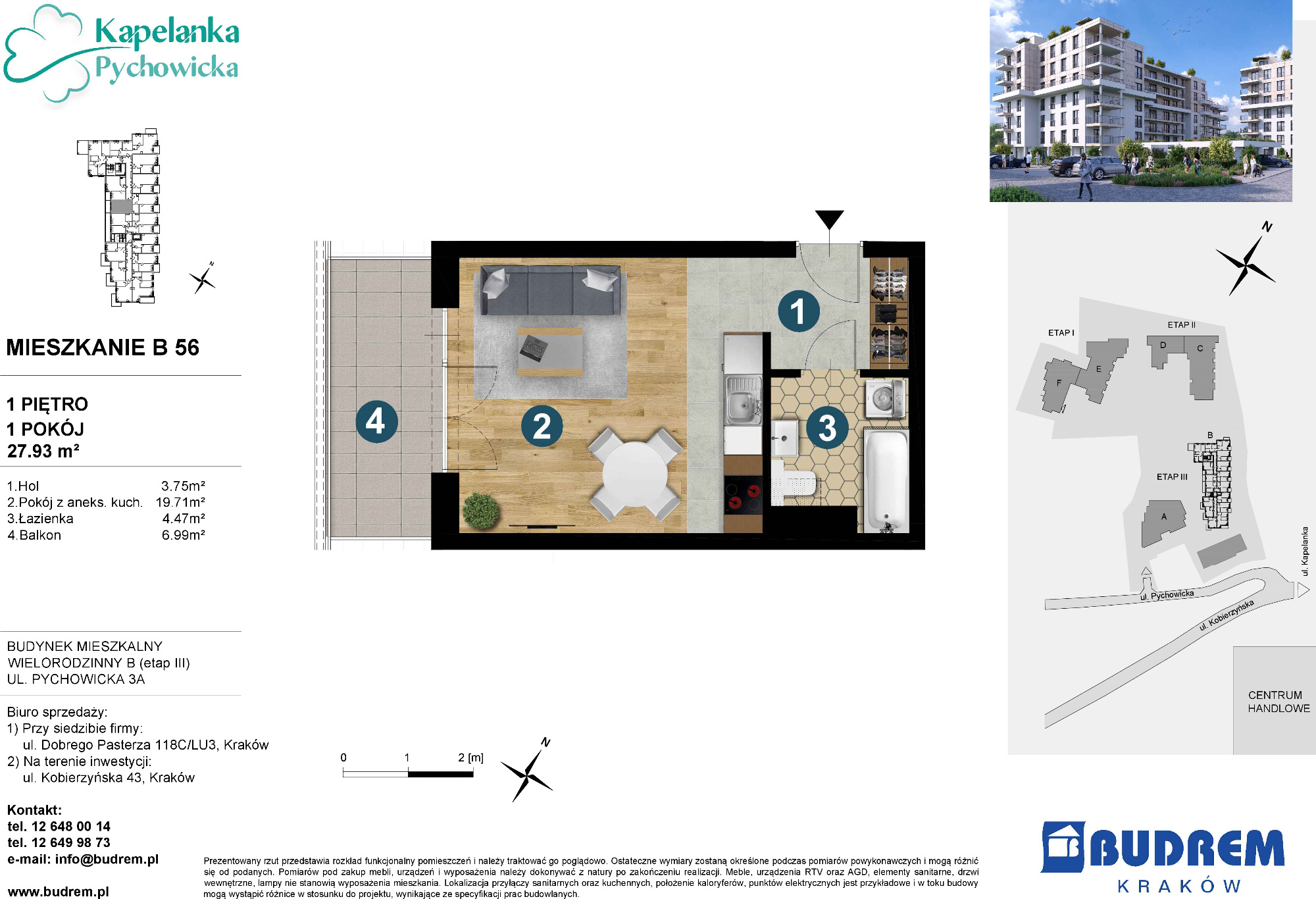 Mieszkanie 27,93 m², piętro 1, oferta nr B56, Kapelanka – Pychowicka - Budynek B, Kraków, Dębniki, Zakrzówek, ul. Pychowicka 3 / 3A-idx