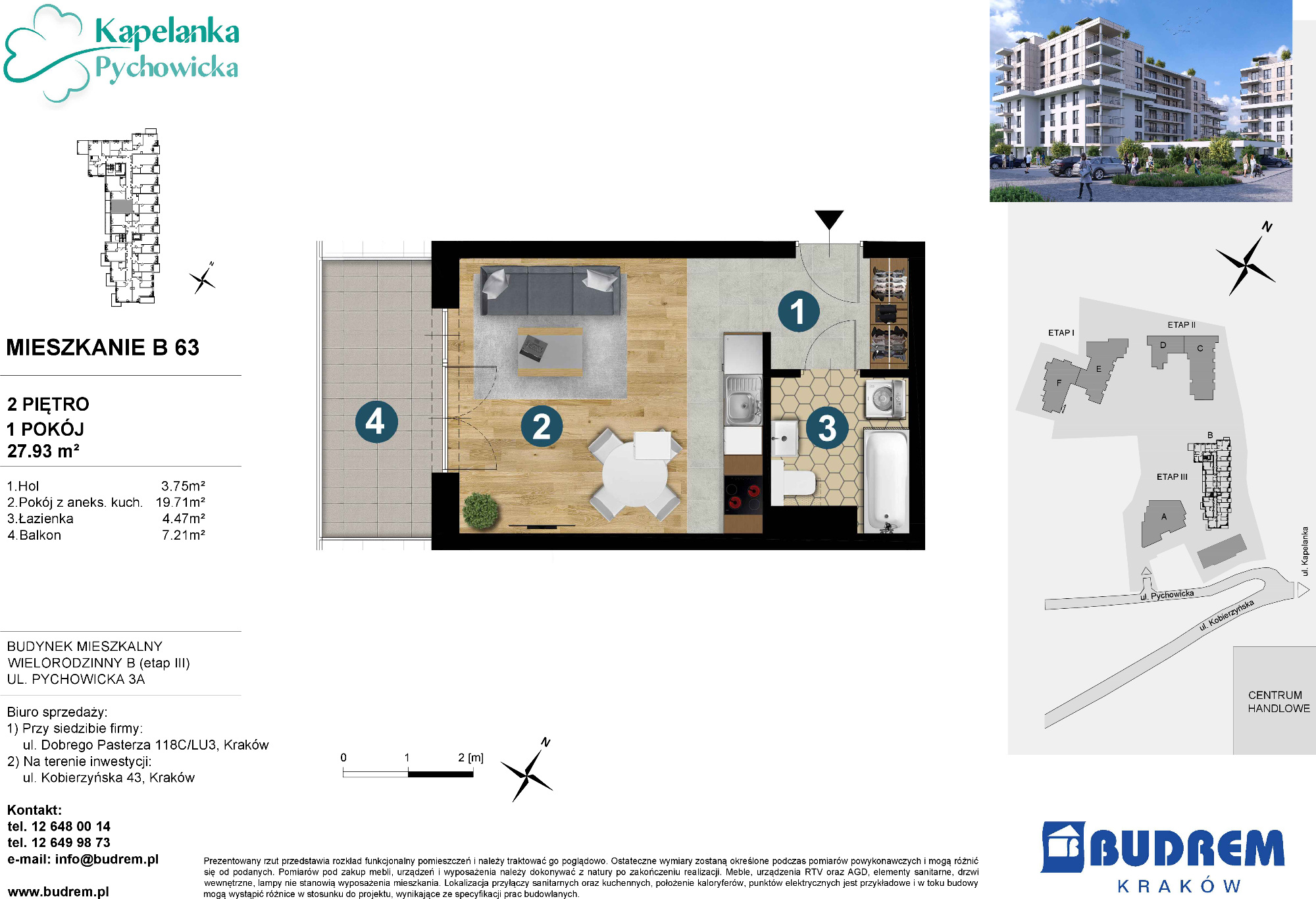 Mieszkanie 27,93 m², piętro 2, oferta nr B63, Kapelanka – Pychowicka - Budynek B, Kraków, Dębniki, Zakrzówek, ul. Pychowicka 3 / 3A-idx