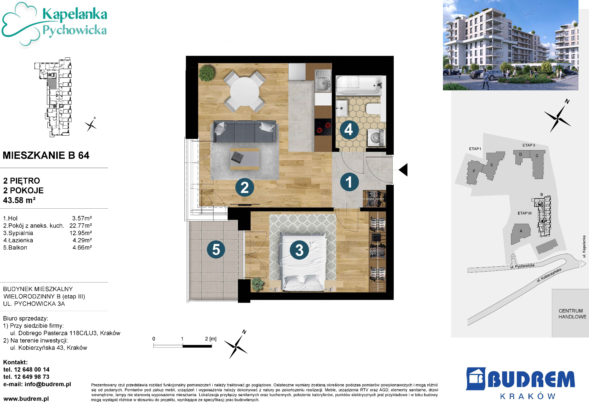 Mieszkanie 43,58 m², piętro 2, oferta nr B64, Kapelanka – Pychowicka - Budynek B, Kraków, Dębniki, Zakrzówek, ul. Pychowicka 3 / 3A-idx