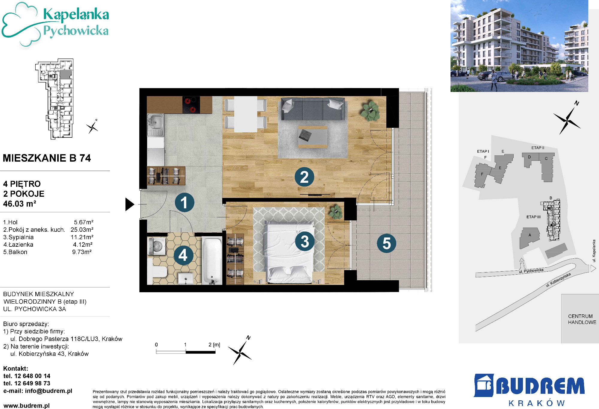 Mieszkanie 46,03 m², piętro 4, oferta nr B74, Kapelanka – Pychowicka - Budynek B, Kraków, Dębniki, Zakrzówek, ul. Pychowicka 3 / 3A-idx