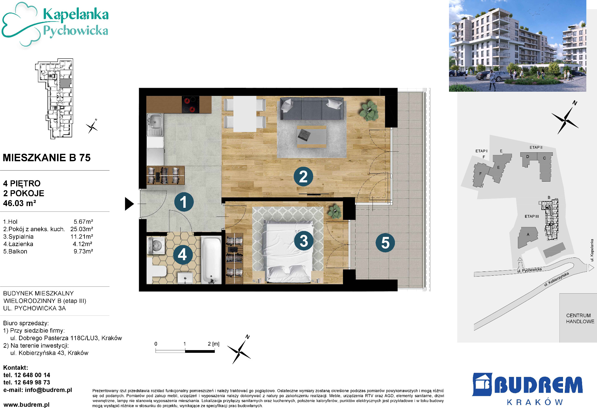 Mieszkanie 46,03 m², piętro 4, oferta nr B75, Kapelanka – Pychowicka - Budynek B, Kraków, Dębniki, Zakrzówek, ul. Pychowicka 3 / 3A-idx