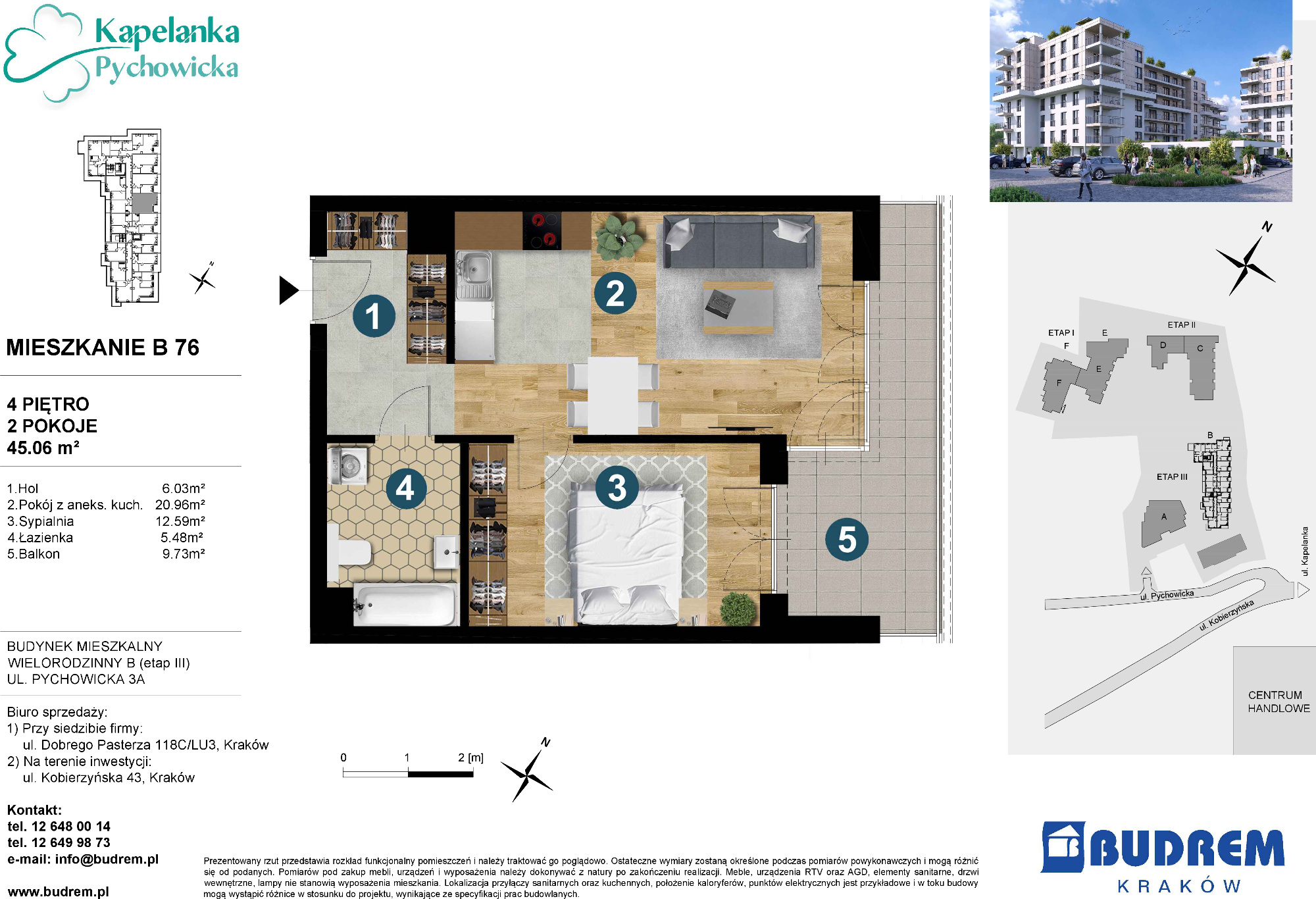 Mieszkanie 45,06 m², piętro 4, oferta nr B76, Kapelanka – Pychowicka - Budynek B, Kraków, Dębniki, Zakrzówek, ul. Pychowicka 3 / 3A-idx