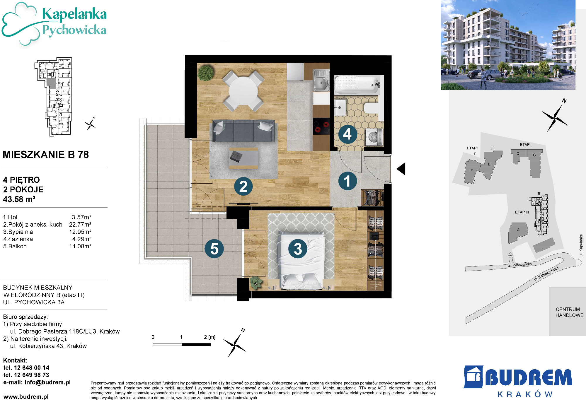 Mieszkanie 43,58 m², piętro 4, oferta nr B78, Kapelanka – Pychowicka - Budynek B, Kraków, Dębniki, Zakrzówek, ul. Pychowicka 3 / 3A-idx