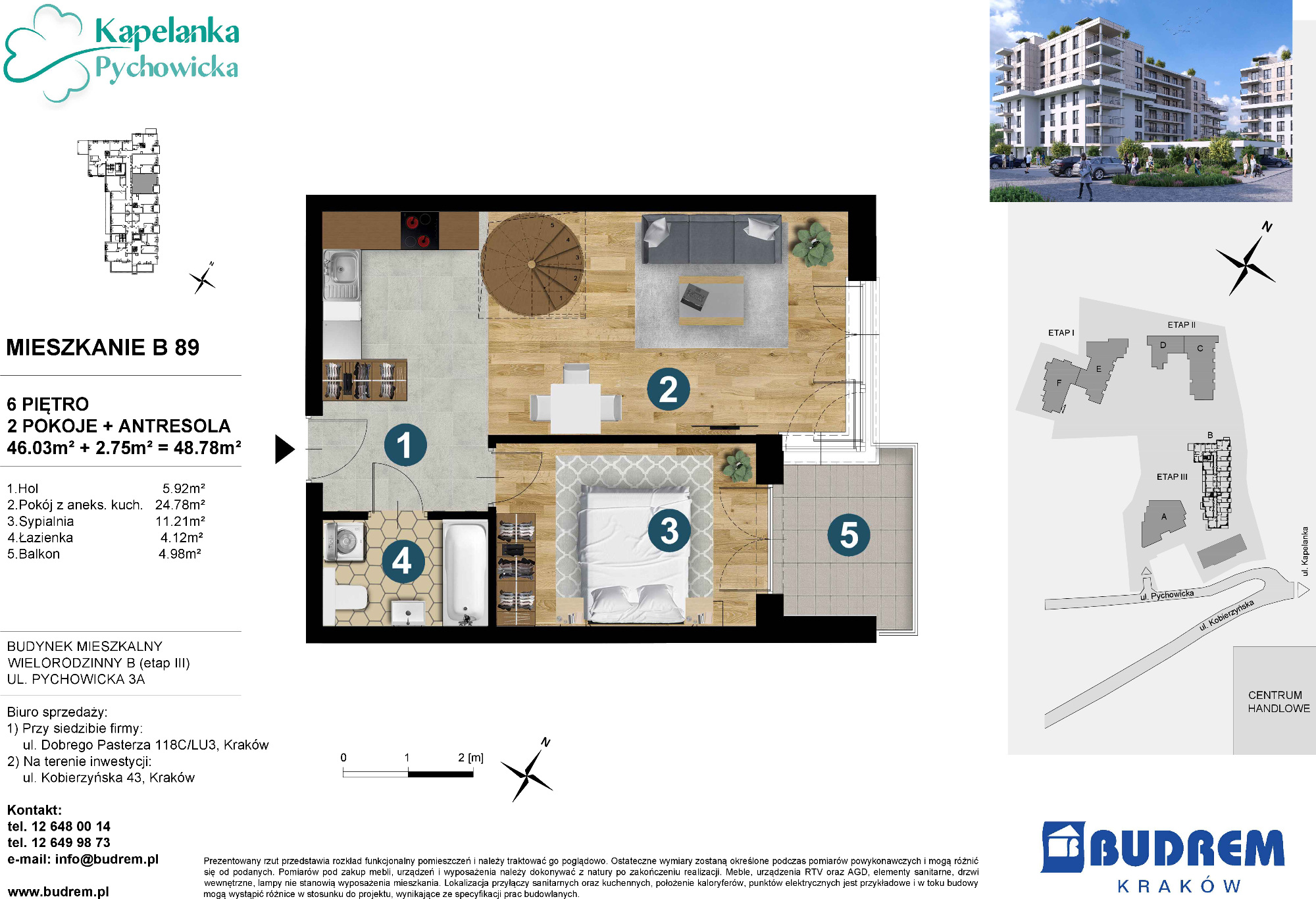 Mieszkanie 48,78 m², piętro 6, oferta nr B89, Kapelanka – Pychowicka - Budynek B, Kraków, Dębniki, Zakrzówek, ul. Pychowicka 3 / 3A-idx