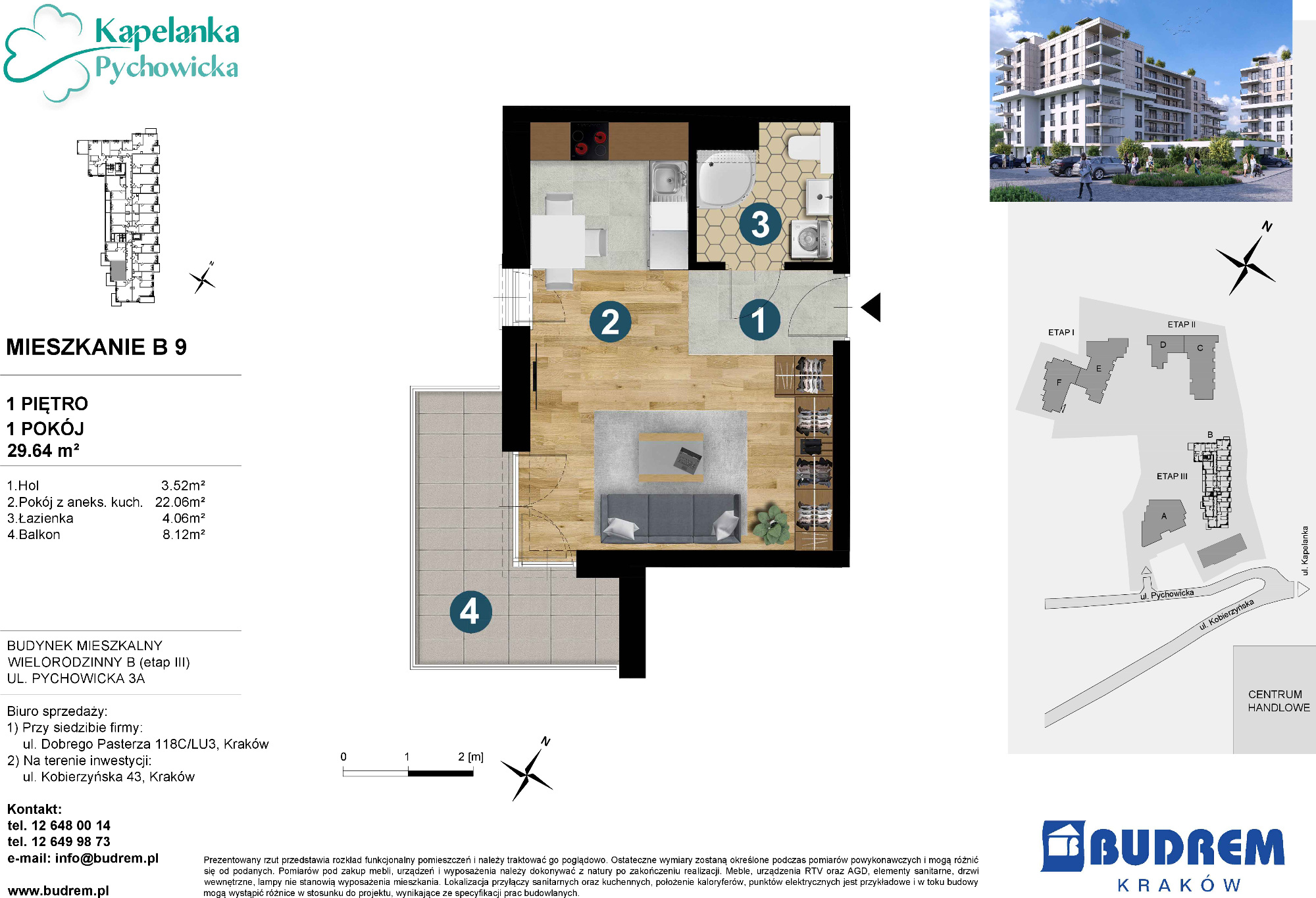 Mieszkanie 29,64 m², piętro 1, oferta nr B9, Kapelanka – Pychowicka - Budynek B, Kraków, Dębniki, Zakrzówek, ul. Pychowicka 3 / 3A-idx