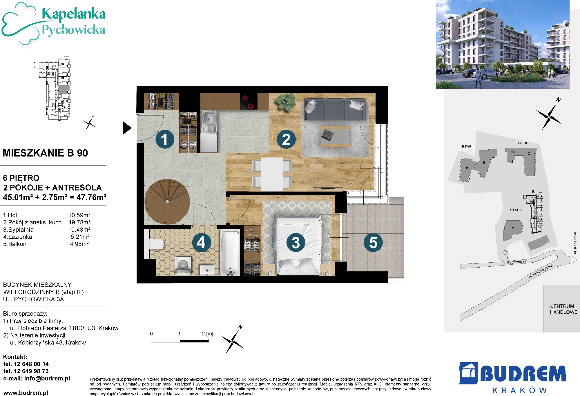 Mieszkanie 47,76 m², piętro 6, oferta nr B90, Kapelanka – Pychowicka - Budynek B, Kraków, Dębniki, Zakrzówek, ul. Pychowicka 3 / 3A-idx