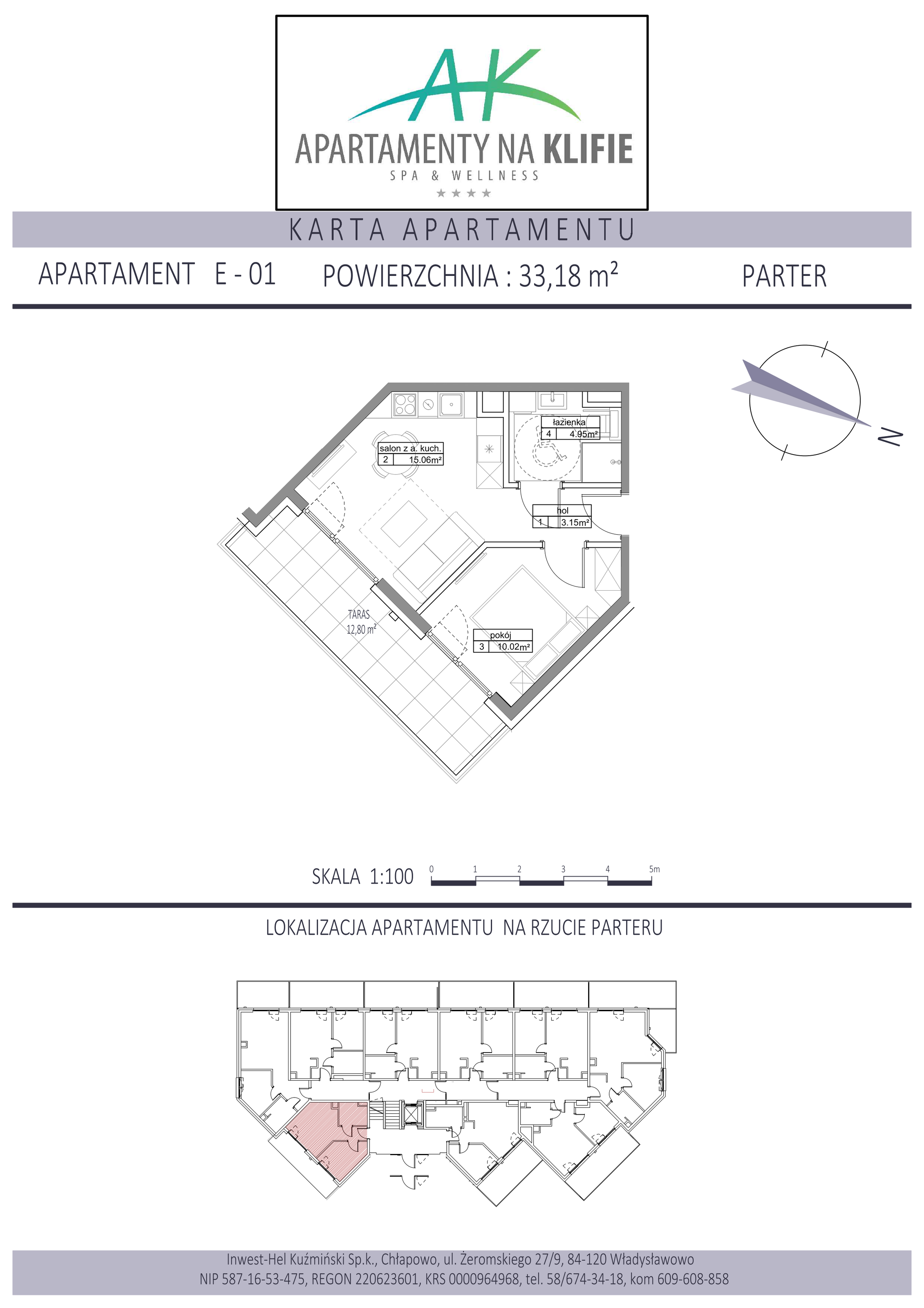 Apartament 33,18 m², parter, oferta nr E-01, Apartamenty na Klifie, Władysławowo, Chłapowo, ul. Żeromskiego 27-idx