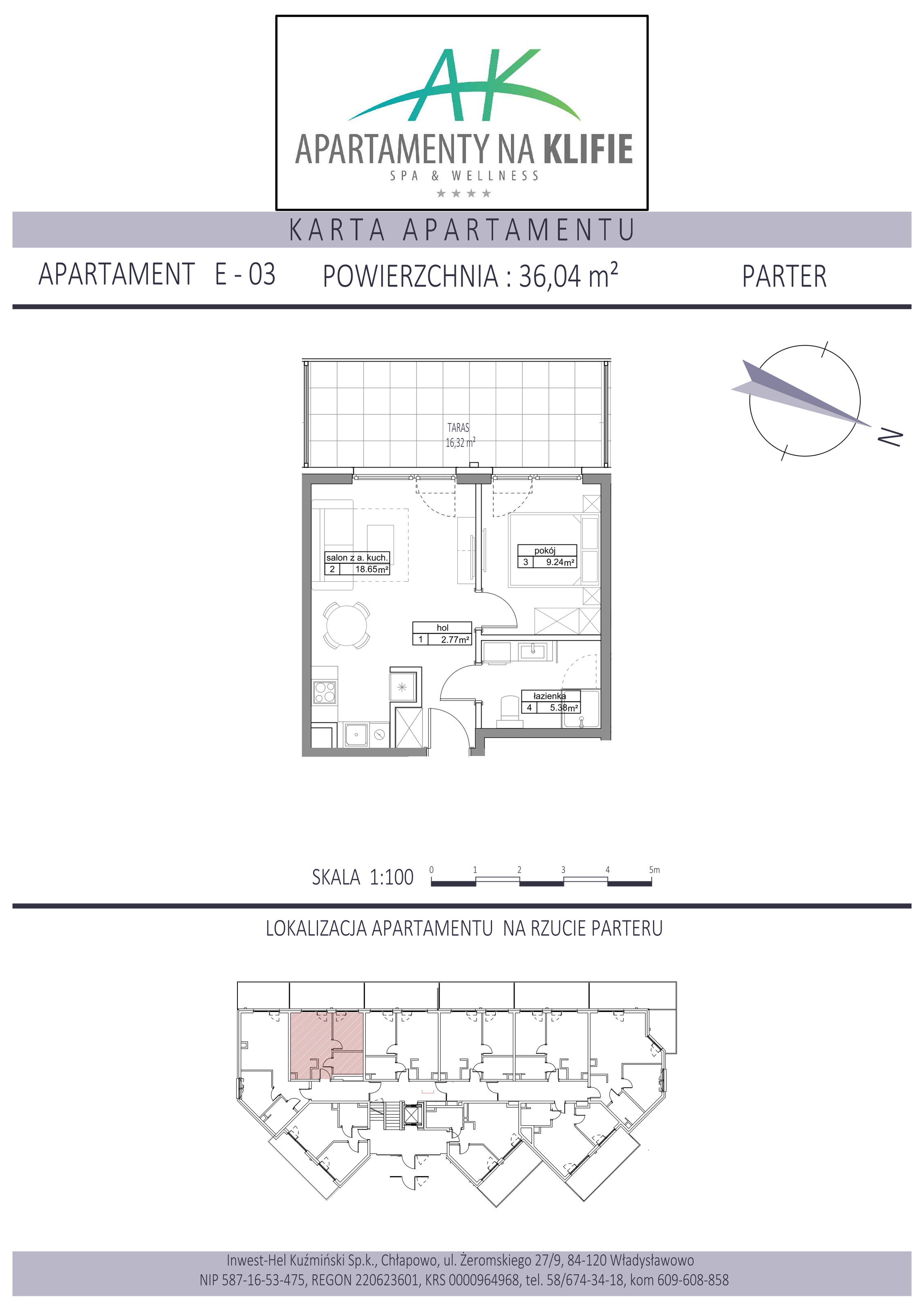 Apartament 36,04 m², parter, oferta nr E-03, Apartamenty na Klifie, Władysławowo, Chłapowo, ul. Żeromskiego 27-idx