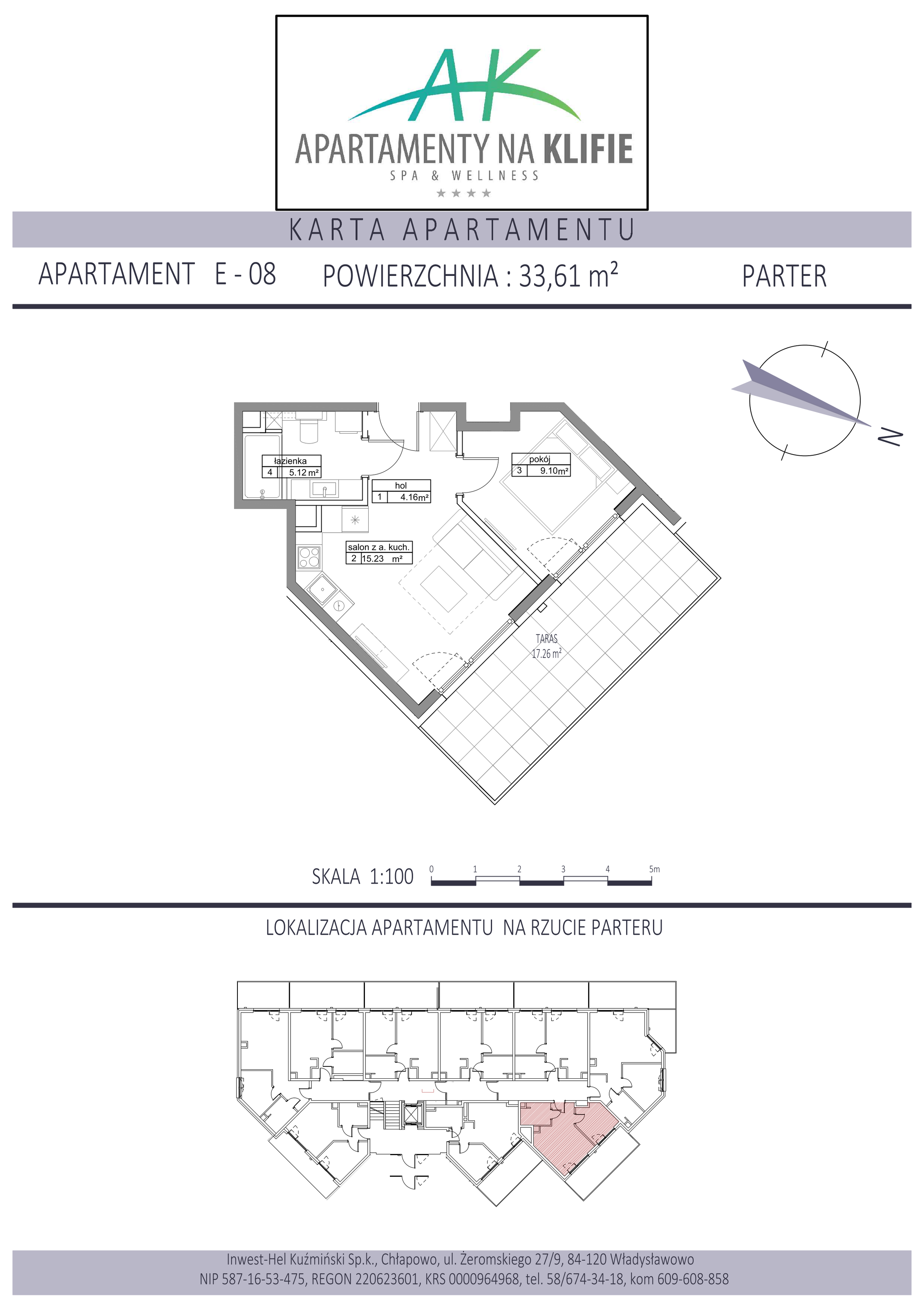 Apartament 33,61 m², parter, oferta nr E-08, Apartamenty na Klifie, Władysławowo, Chłapowo, ul. Żeromskiego 27-idx