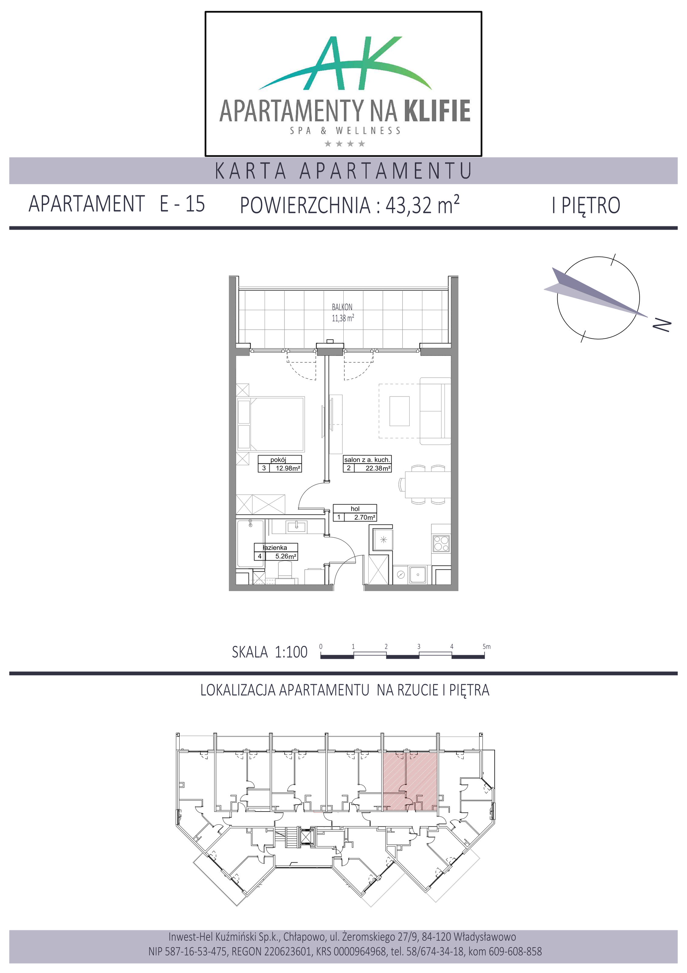 Apartament 43,32 m², piętro 1, oferta nr E-15, Apartamenty na Klifie, Władysławowo, Chłapowo, ul. Żeromskiego 27-idx