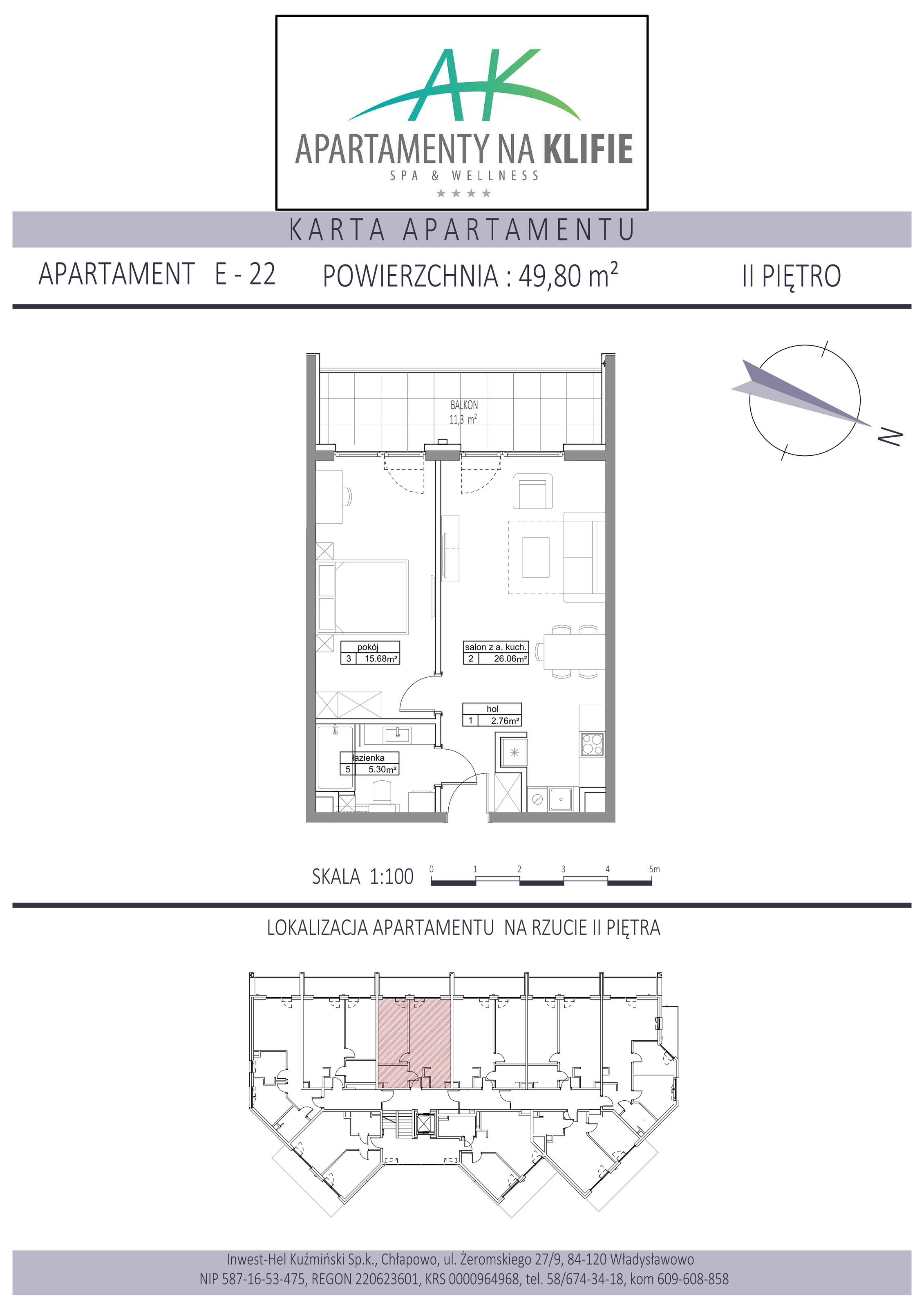 Apartament 49,80 m², piętro 2, oferta nr E-22, Apartamenty na Klifie, Władysławowo, Chłapowo, ul. Żeromskiego 27-idx