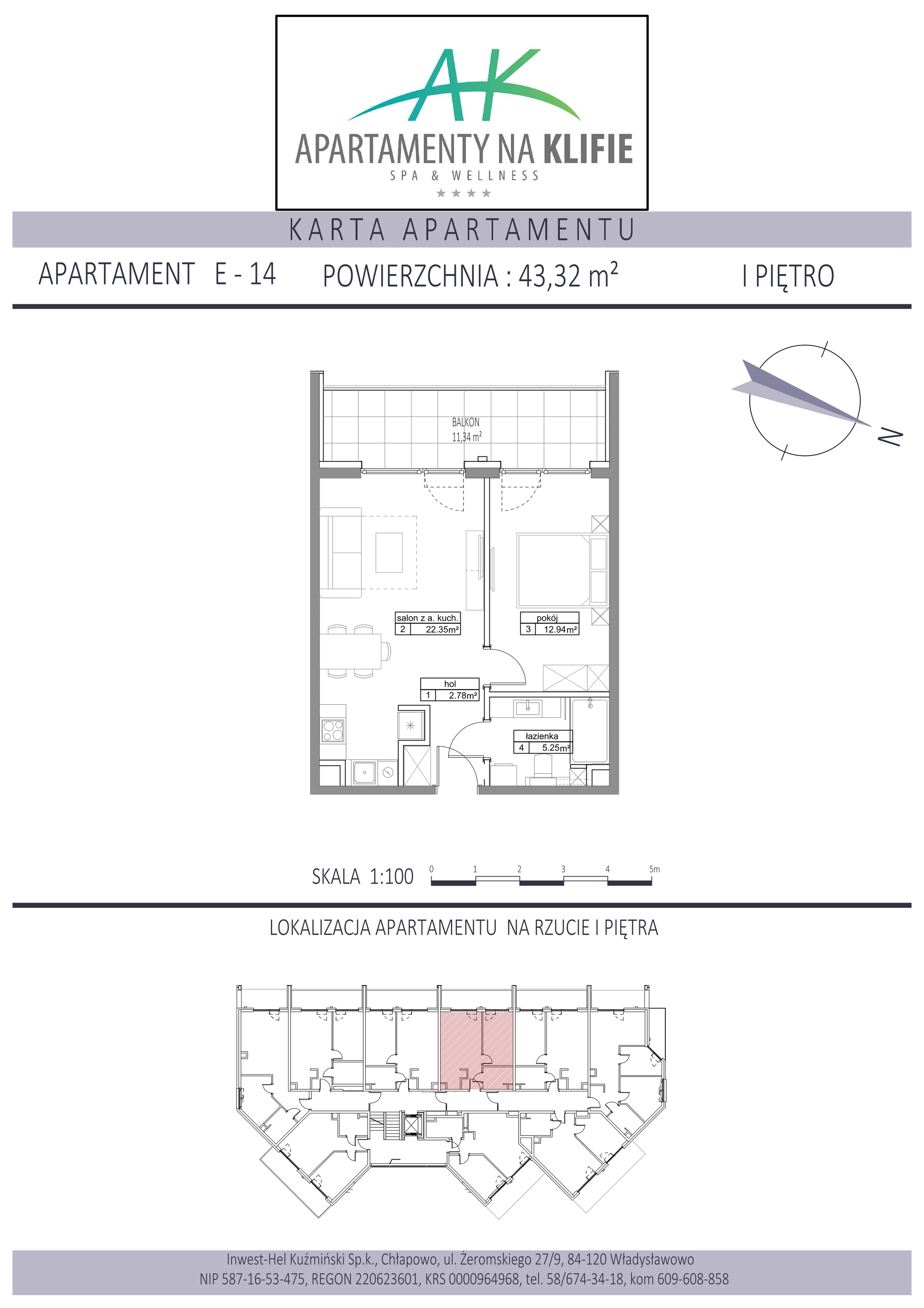 Apartament 43,32 m², parter, oferta nr E-14, Apartamenty na Klifie, Władysławowo, Chłapowo, ul. Żeromskiego 27-idx