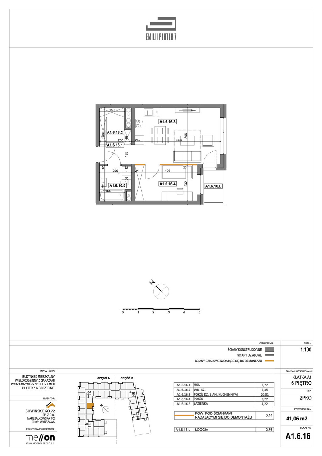 Mieszkanie 41,06 m², piętro 6, oferta nr A1.6.16, Emilii Plater 7, Szczecin, Północ, Drzetowo-Grabowo, ul. Emilii Plater 7-idx