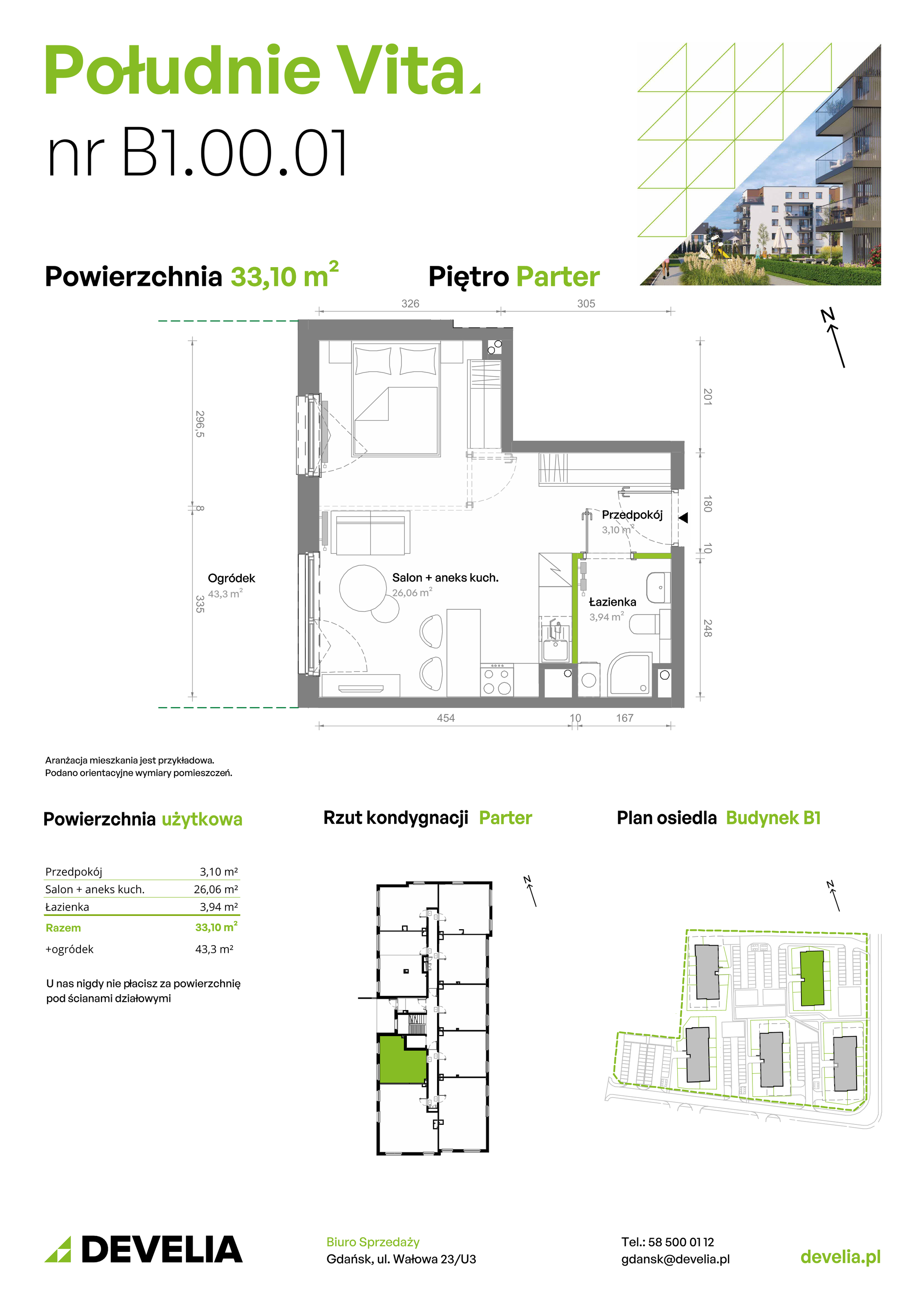 Mieszkanie 33,10 m², parter, oferta nr B1.00.01, Południe Vita etap III, Gdańsk, Orunia Górna-Gdańsk Południe, ul. Kazimierza Wielkiego -idx