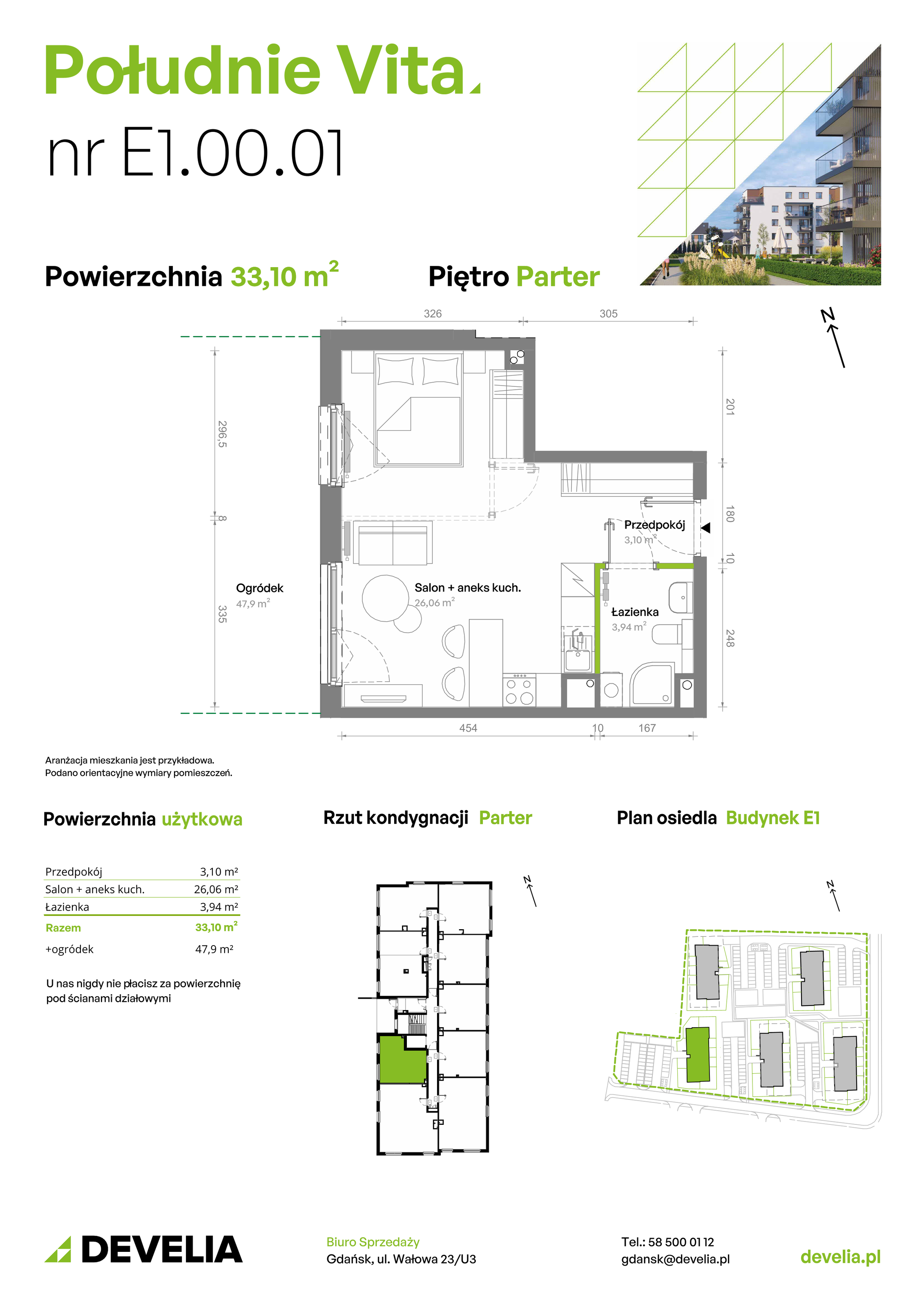 Mieszkanie 33,10 m², parter, oferta nr E1.00.01, Południe Vita etap III, Gdańsk, Orunia Górna-Gdańsk Południe, ul. Kazimierza Wielkiego -idx