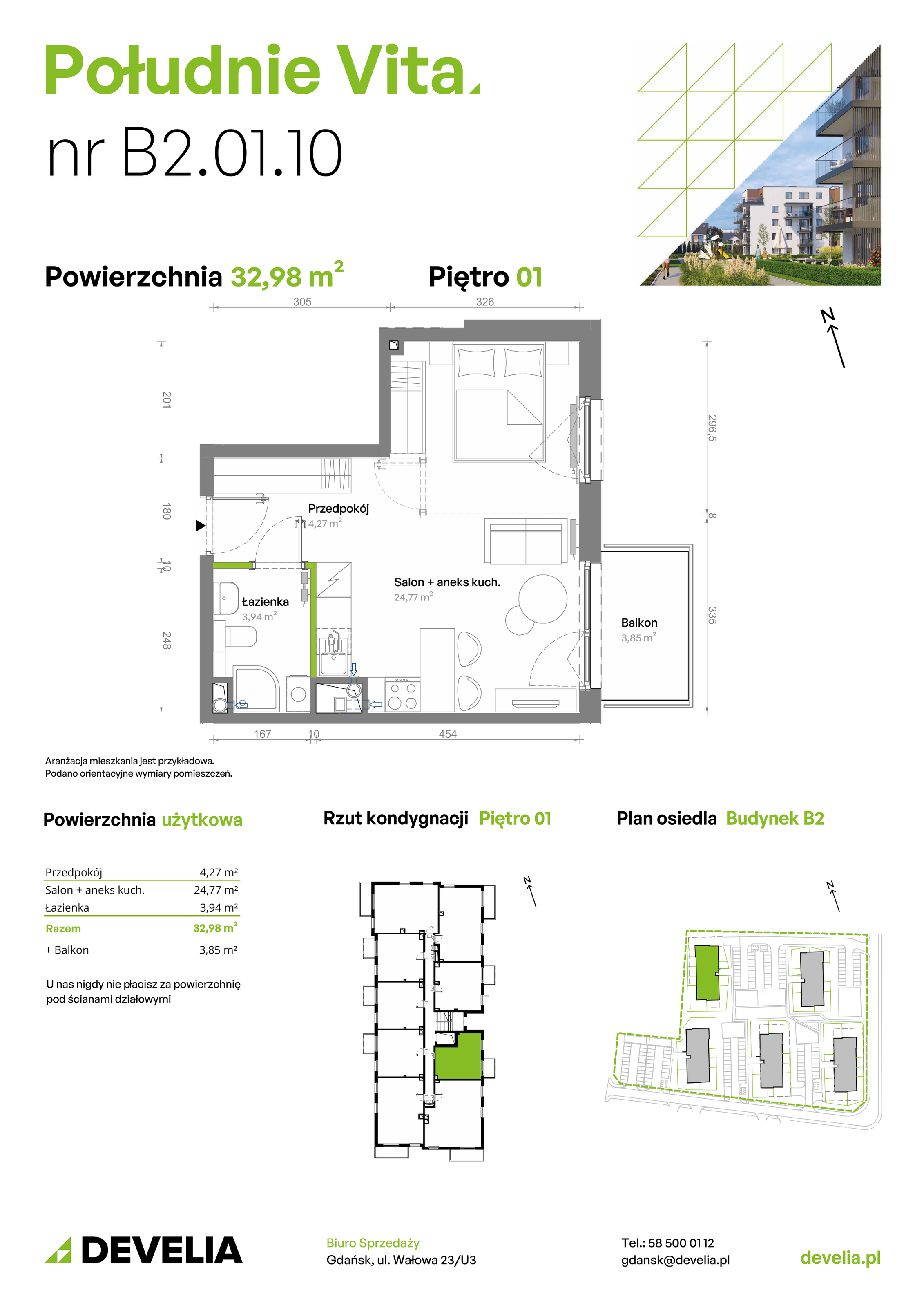 Mieszkanie 32,98 m², piętro 1, oferta nr B2.01.10, Południe Vita etap III, Gdańsk, Orunia Górna-Gdańsk Południe, ul. Kazimierza Wielkiego -idx