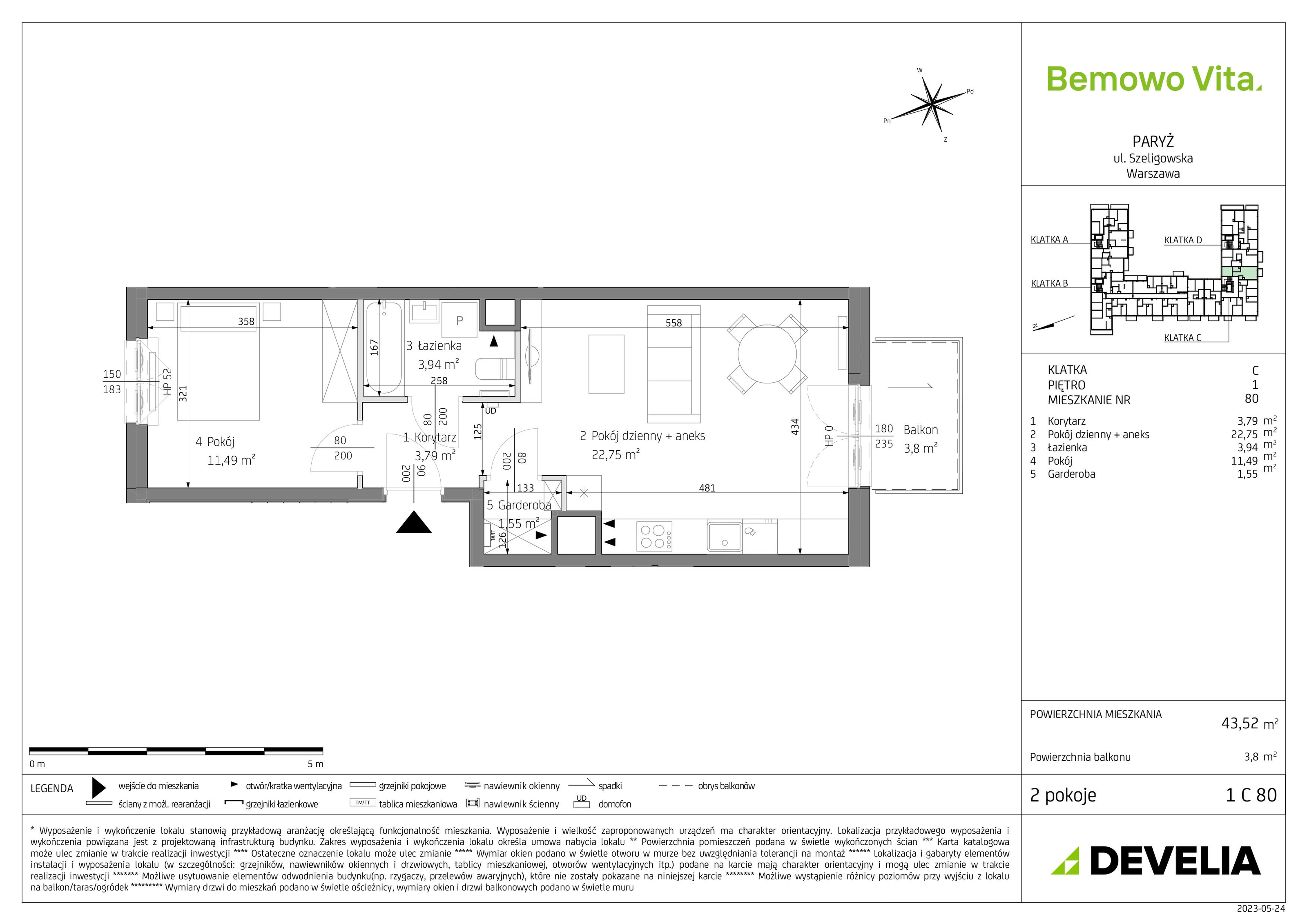 Mieszkanie 43,52 m², piętro 1, oferta nr B3/1/C80, Bemowo Vita, Warszawa, Bemowo, Chrzanów, ul. Szeligowska 59-idx