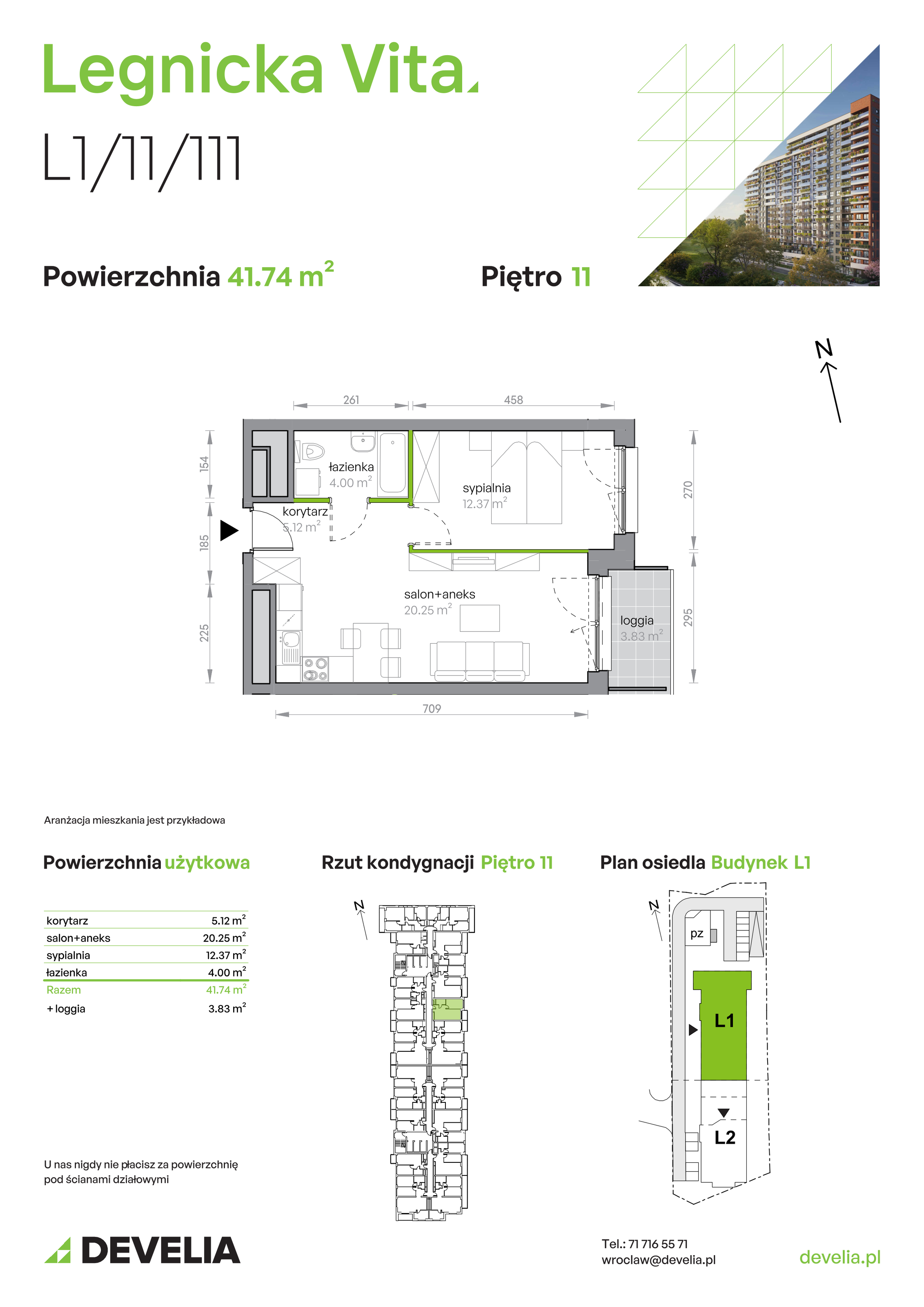 Mieszkanie 41,74 m², piętro 11, oferta nr L1/11/111, Legnicka Vita, Wrocław, Gądów-Popowice Południowe, Popowice, ul. Legnicka 52 A-idx