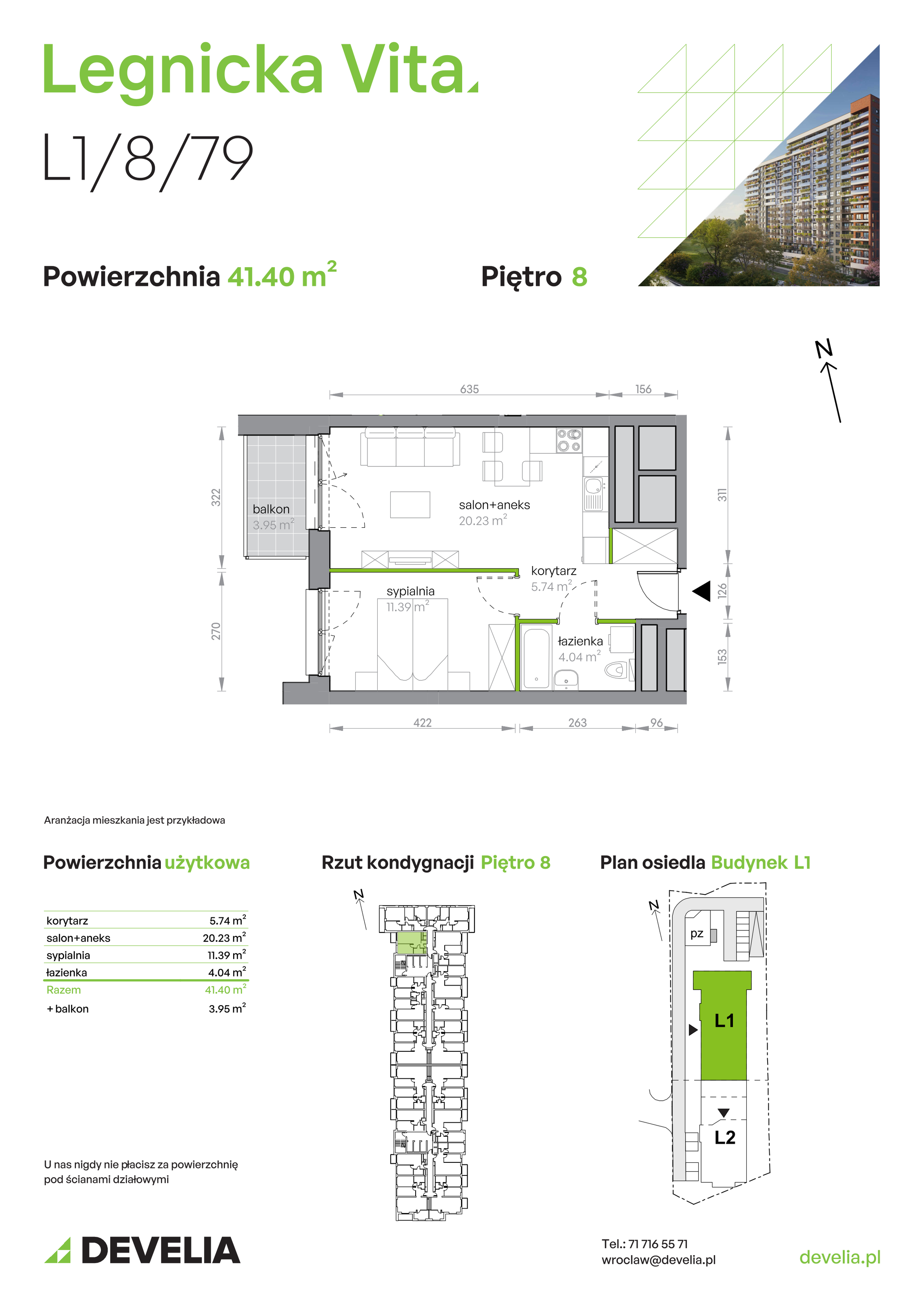 Mieszkanie 41,40 m², piętro 8, oferta nr L1/8/79, Legnicka Vita, Wrocław, Gądów-Popowice Południowe, Popowice, ul. Legnicka 52 A-idx