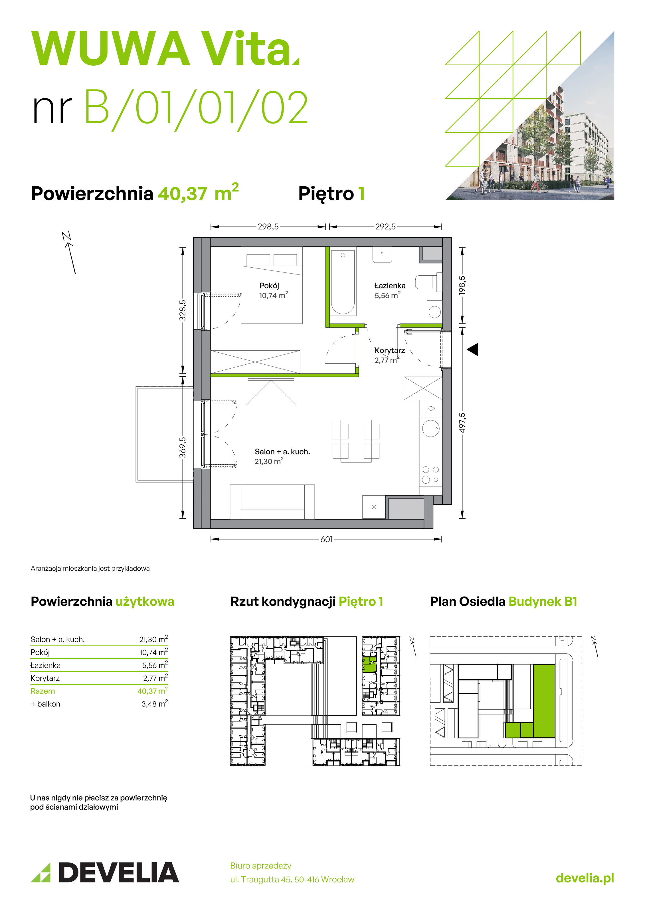 Mieszkanie 40,37 m², piętro 1, oferta nr B.01.01.02, WUWA Vita, Wrocław, Żerniki, Fabryczna, ul. Tadeusza Brzozy-idx