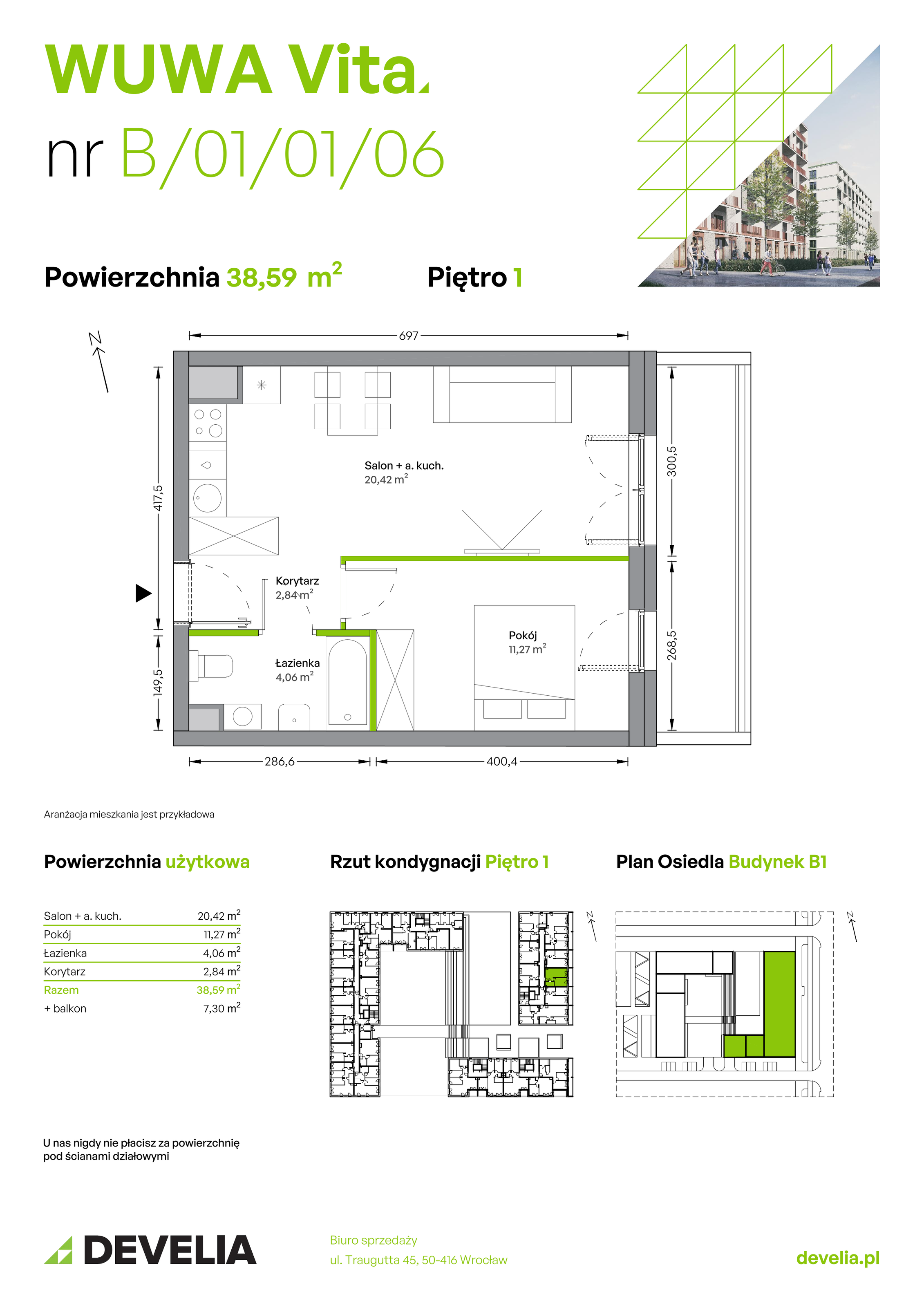 Mieszkanie 38,59 m², piętro 1, oferta nr B.01.01.06, WUWA Vita, Wrocław, Żerniki, Fabryczna, ul. Tadeusza Brzozy-idx