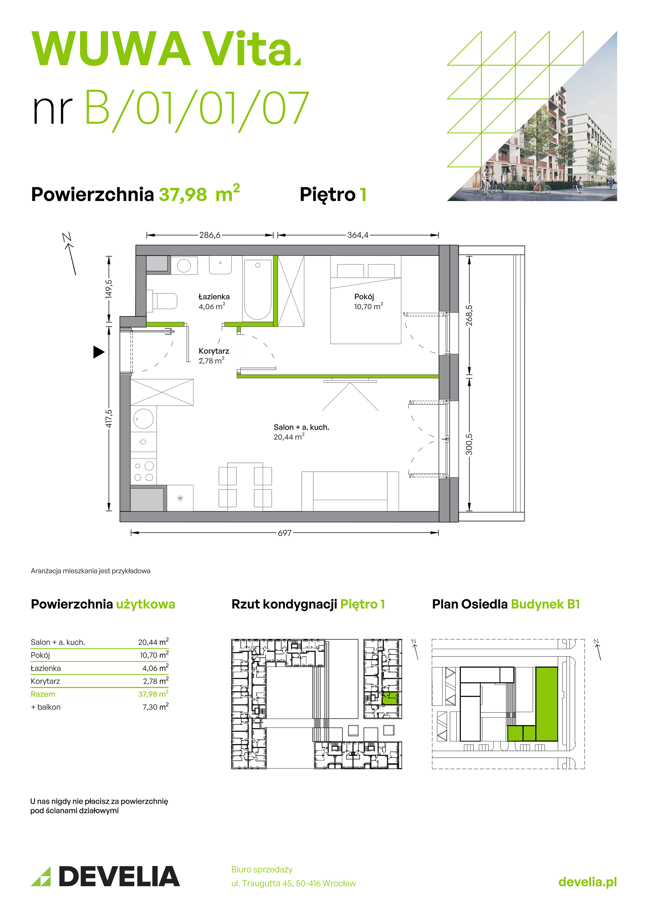 Mieszkanie 37,98 m², piętro 1, oferta nr B.01.01.07, WUWA Vita, Wrocław, Żerniki, Fabryczna, ul. Tadeusza Brzozy-idx