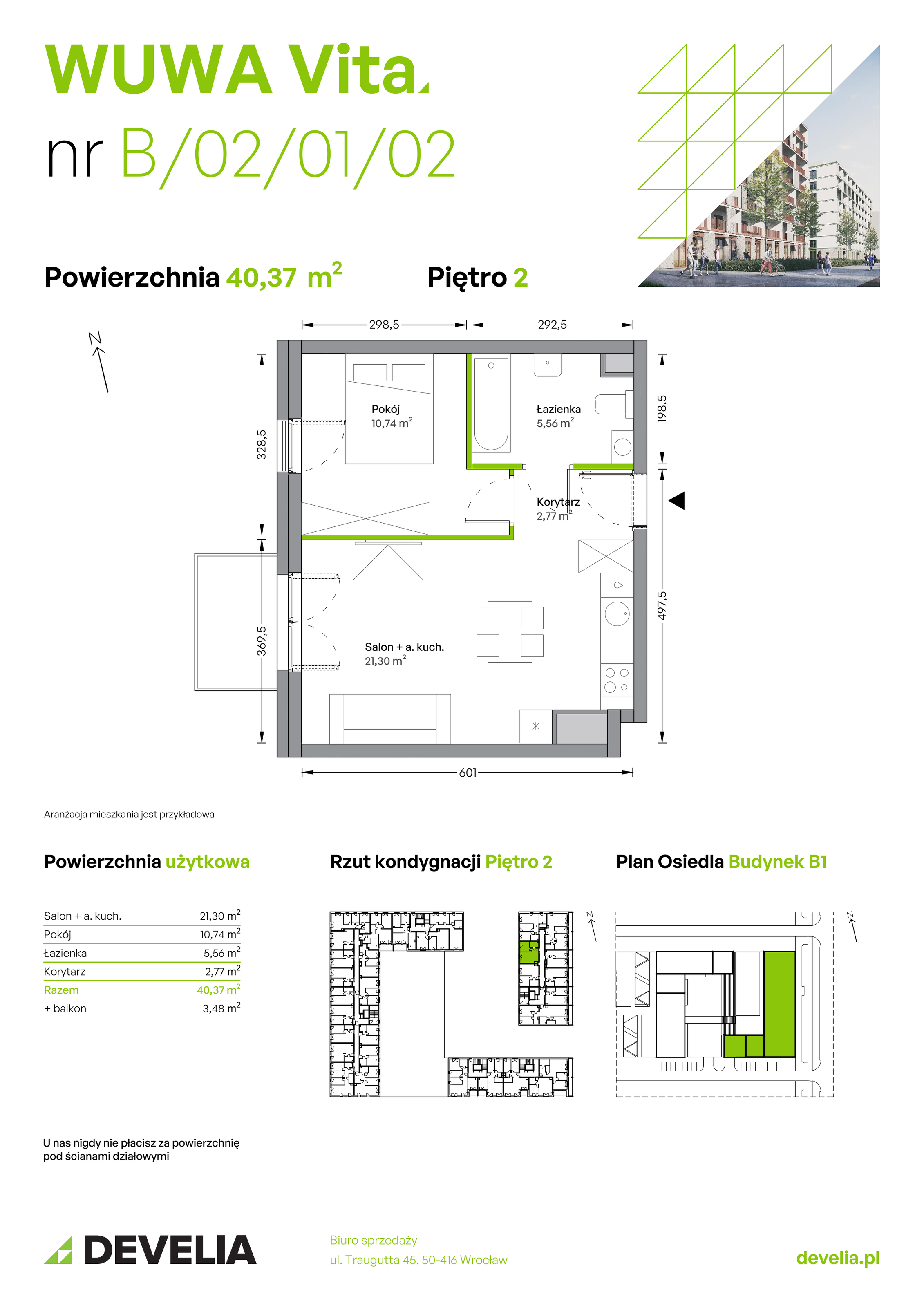 Mieszkanie 40,37 m², piętro 2, oferta nr B.02.01.02, WUWA Vita, Wrocław, Żerniki, Fabryczna, ul. Tadeusza Brzozy-idx