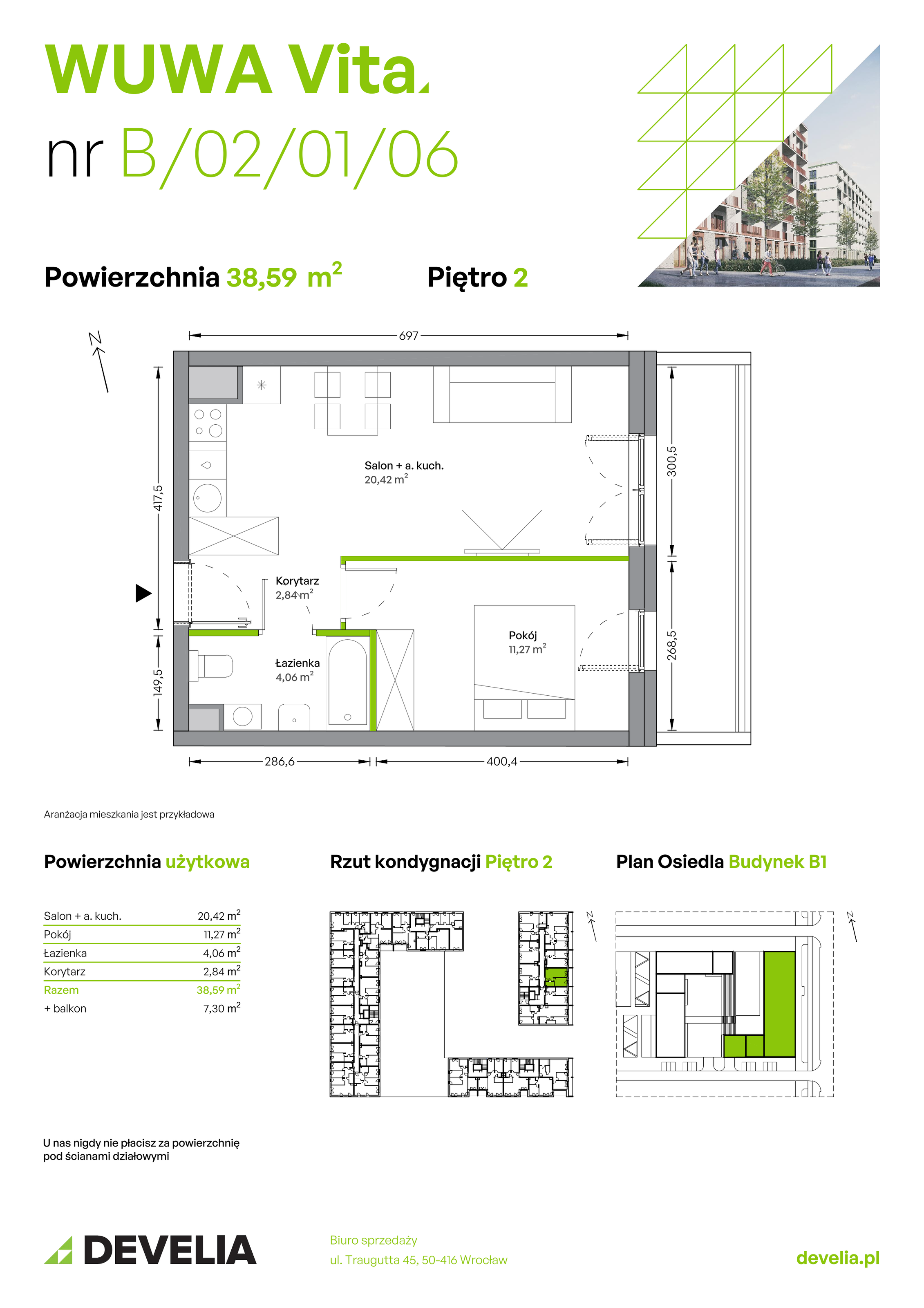 Mieszkanie 38,59 m², piętro 2, oferta nr B.02.01.06, WUWA Vita, Wrocław, Żerniki, Fabryczna, ul. Tadeusza Brzozy-idx