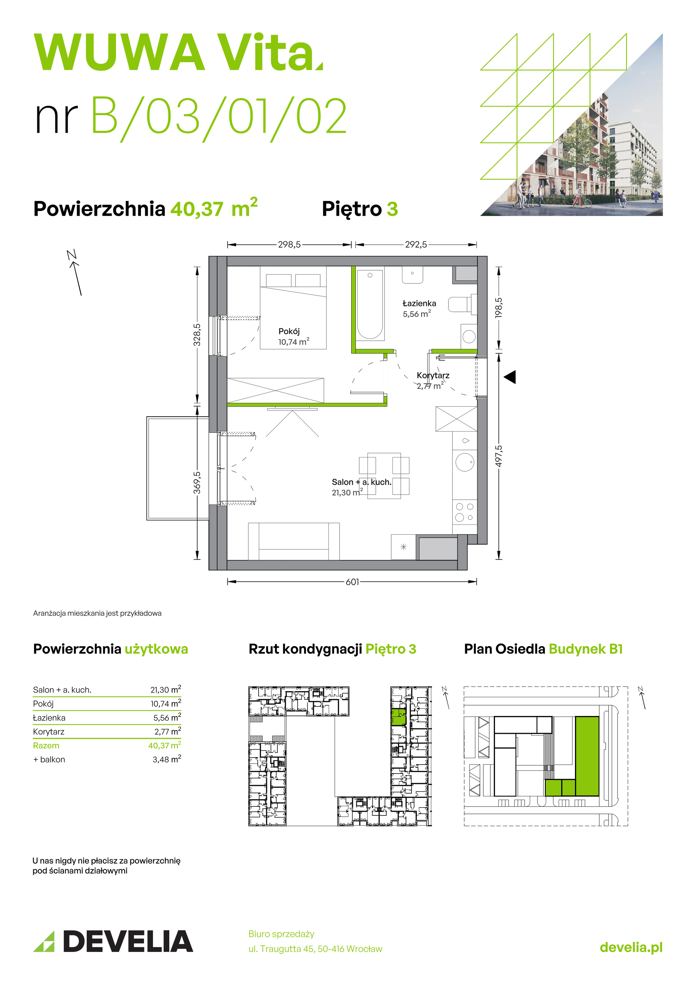 Mieszkanie 40,37 m², piętro 3, oferta nr B.03.01.02, WUWA Vita, Wrocław, Żerniki, Fabryczna, ul. Tadeusza Brzozy-idx