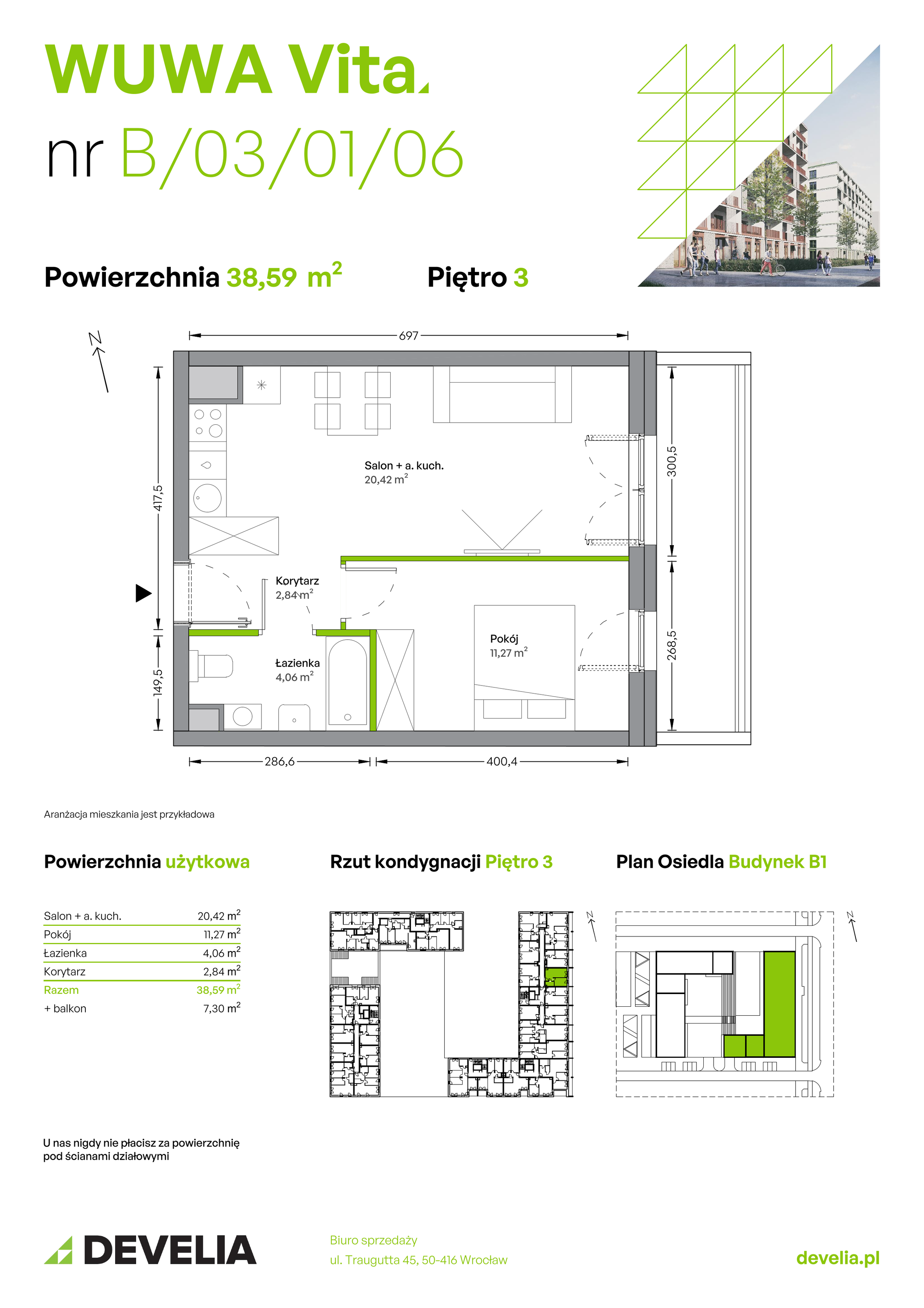 Mieszkanie 38,59 m², piętro 3, oferta nr B.03.01.06, WUWA Vita, Wrocław, Żerniki, Fabryczna, ul. Tadeusza Brzozy-idx