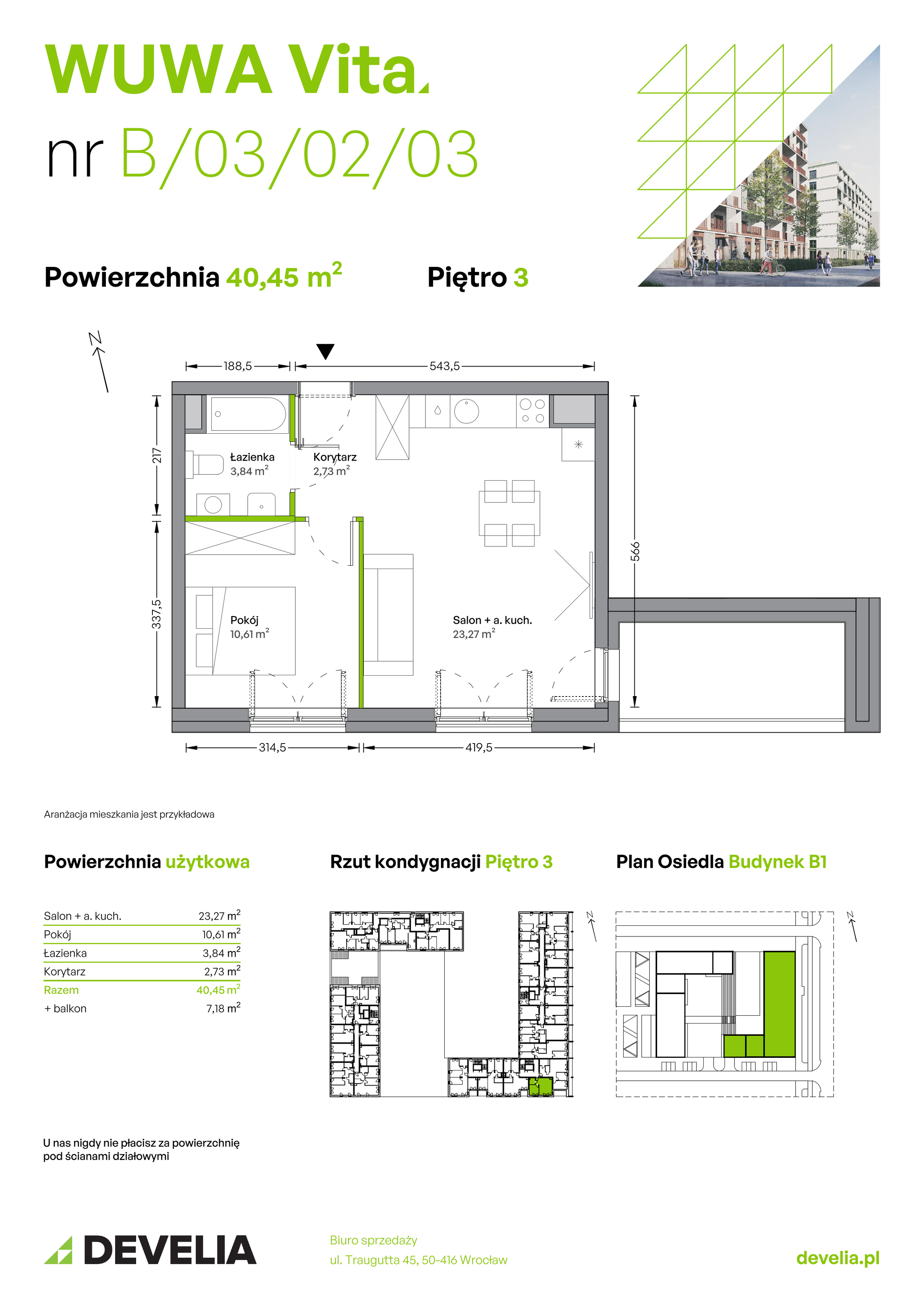 Mieszkanie 40,45 m², piętro 3, oferta nr B.03.02.03, WUWA Vita, Wrocław, Żerniki, Fabryczna, ul. Tadeusza Brzozy-idx