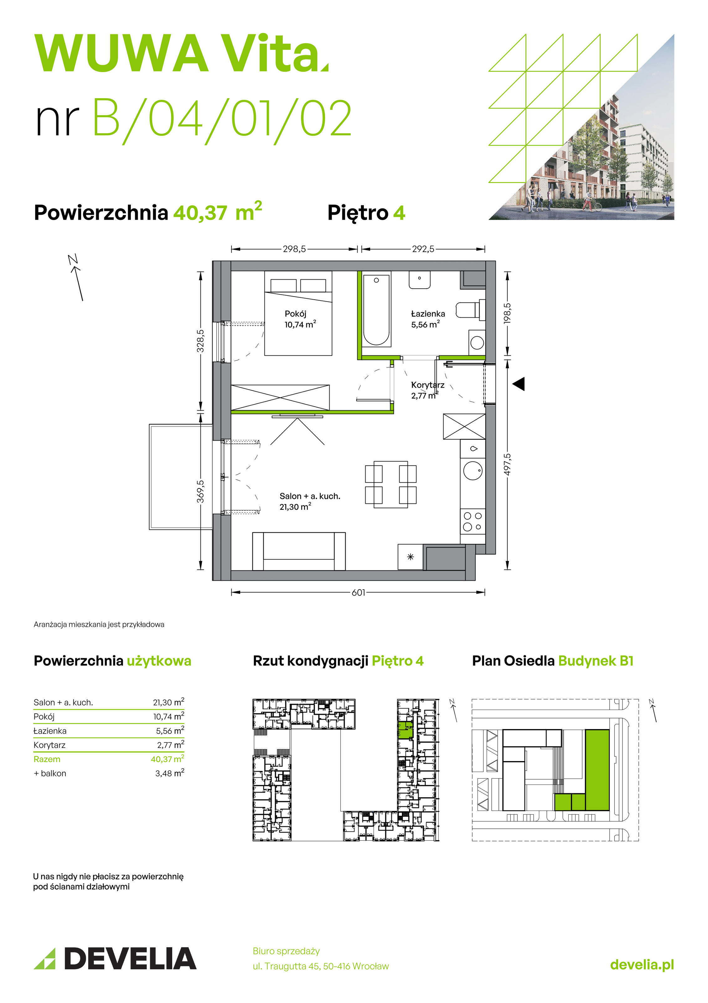 Mieszkanie 40,37 m², piętro 4, oferta nr B.04.01.02, WUWA Vita, Wrocław, Żerniki, Fabryczna, ul. Tadeusza Brzozy-idx