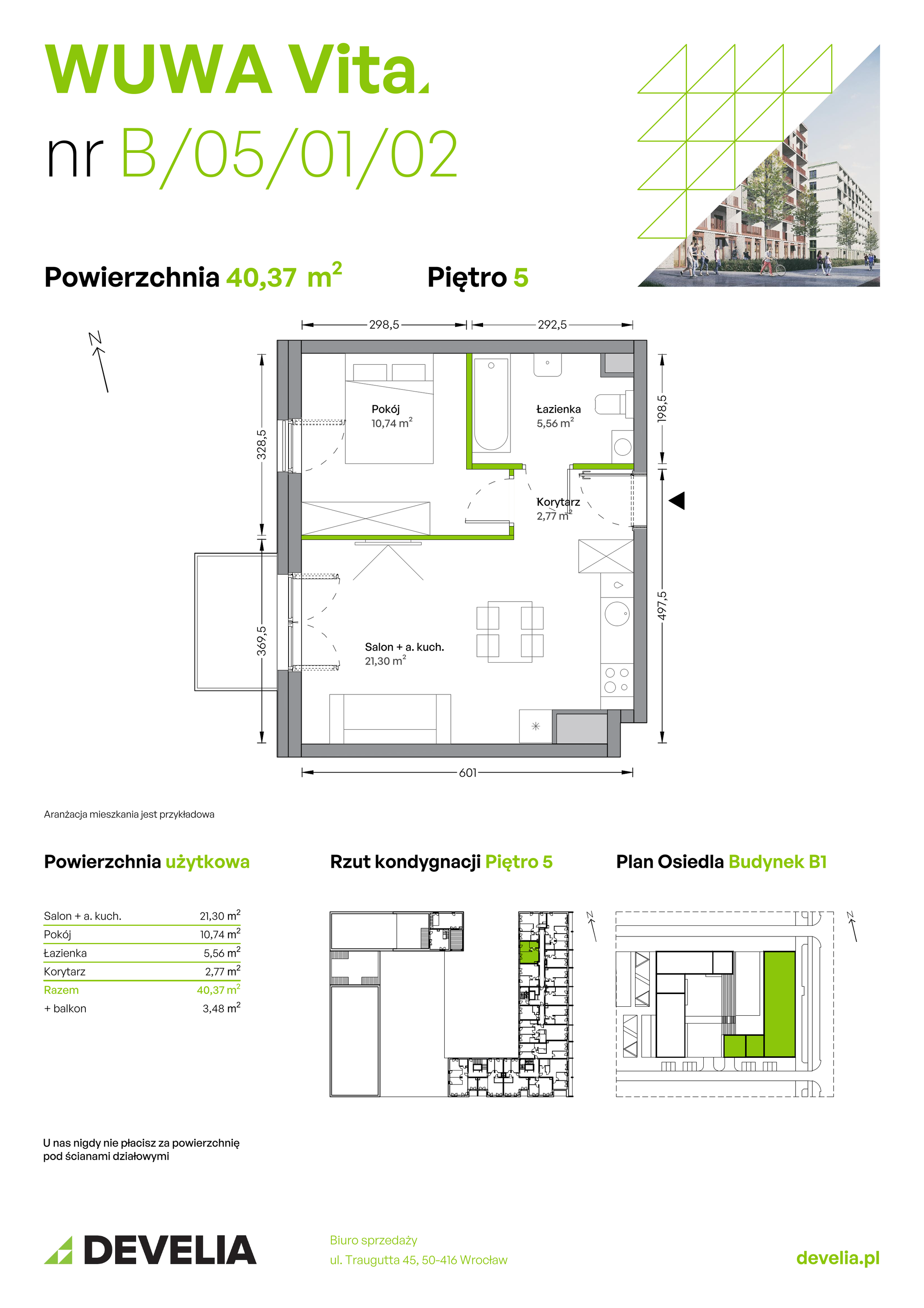 Mieszkanie 40,37 m², piętro 5, oferta nr B.05.01.02, WUWA Vita, Wrocław, Żerniki, Fabryczna, ul. Tadeusza Brzozy-idx