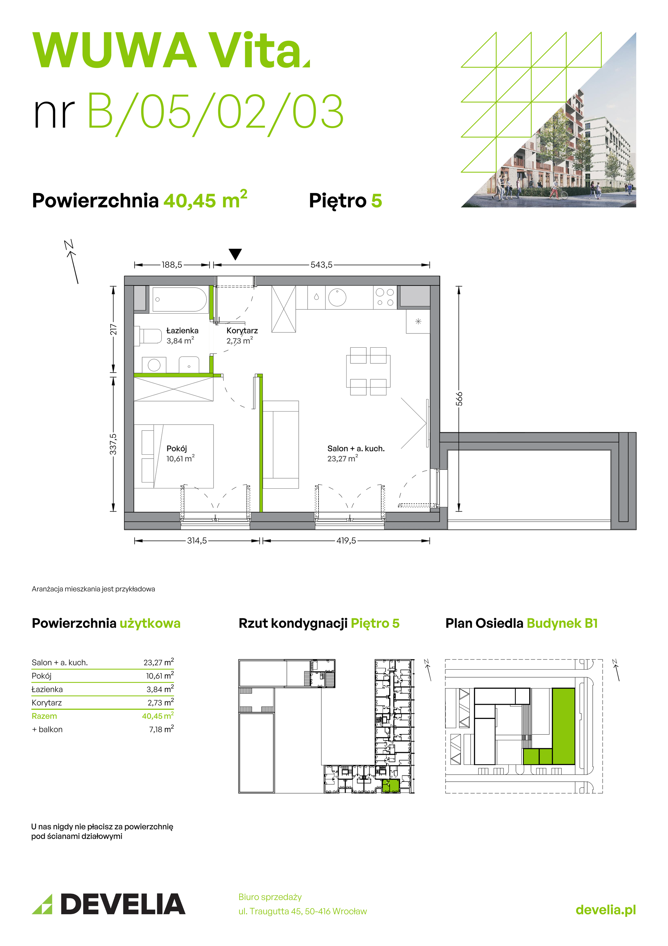 Mieszkanie 40,45 m², piętro 5, oferta nr B.05.02.03, WUWA Vita, Wrocław, Żerniki, Fabryczna, ul. Tadeusza Brzozy-idx