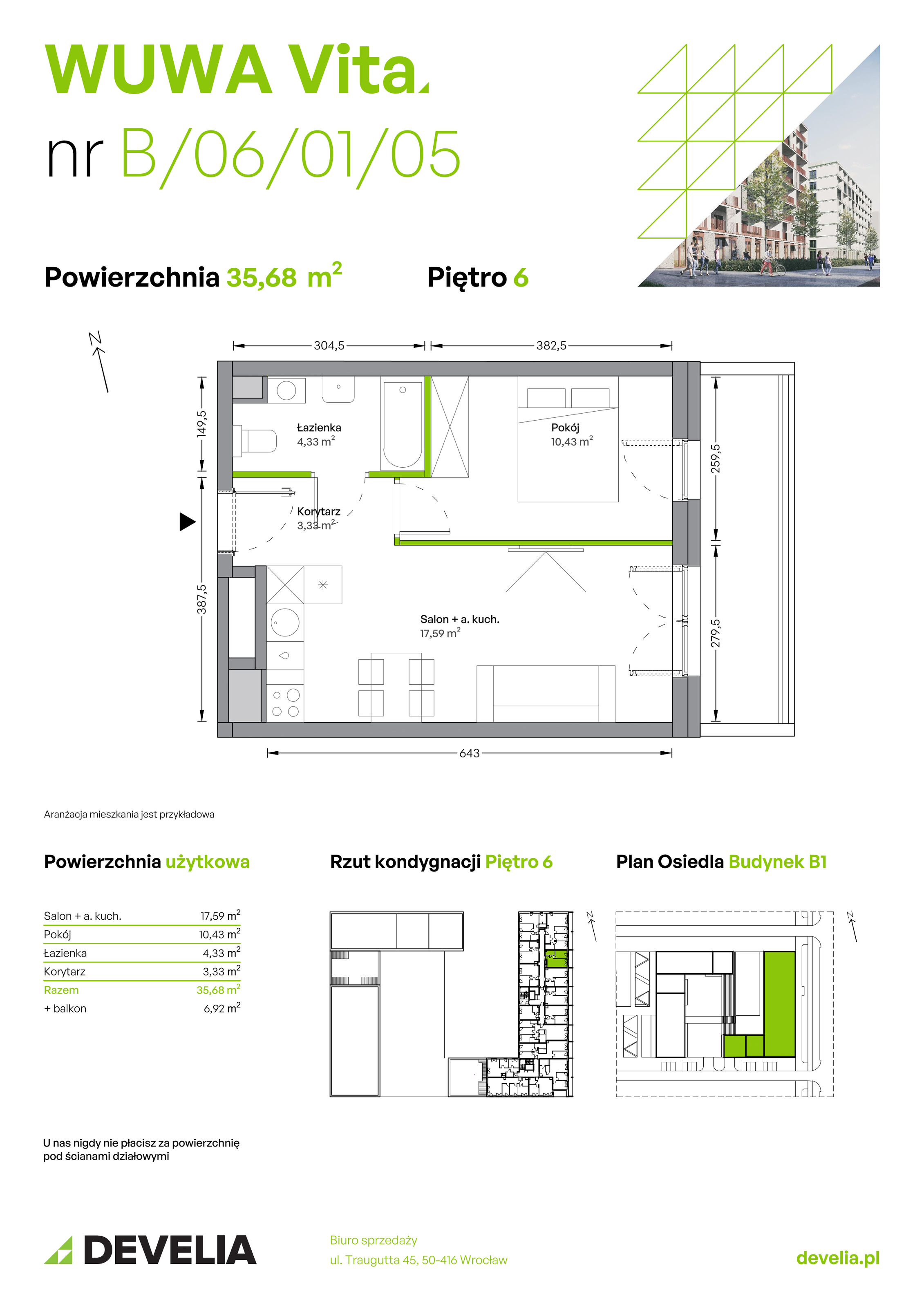 Mieszkanie 35,68 m², piętro 6, oferta nr B.06.01.05, WUWA Vita, Wrocław, Żerniki, Fabryczna, ul. Tadeusza Brzozy-idx