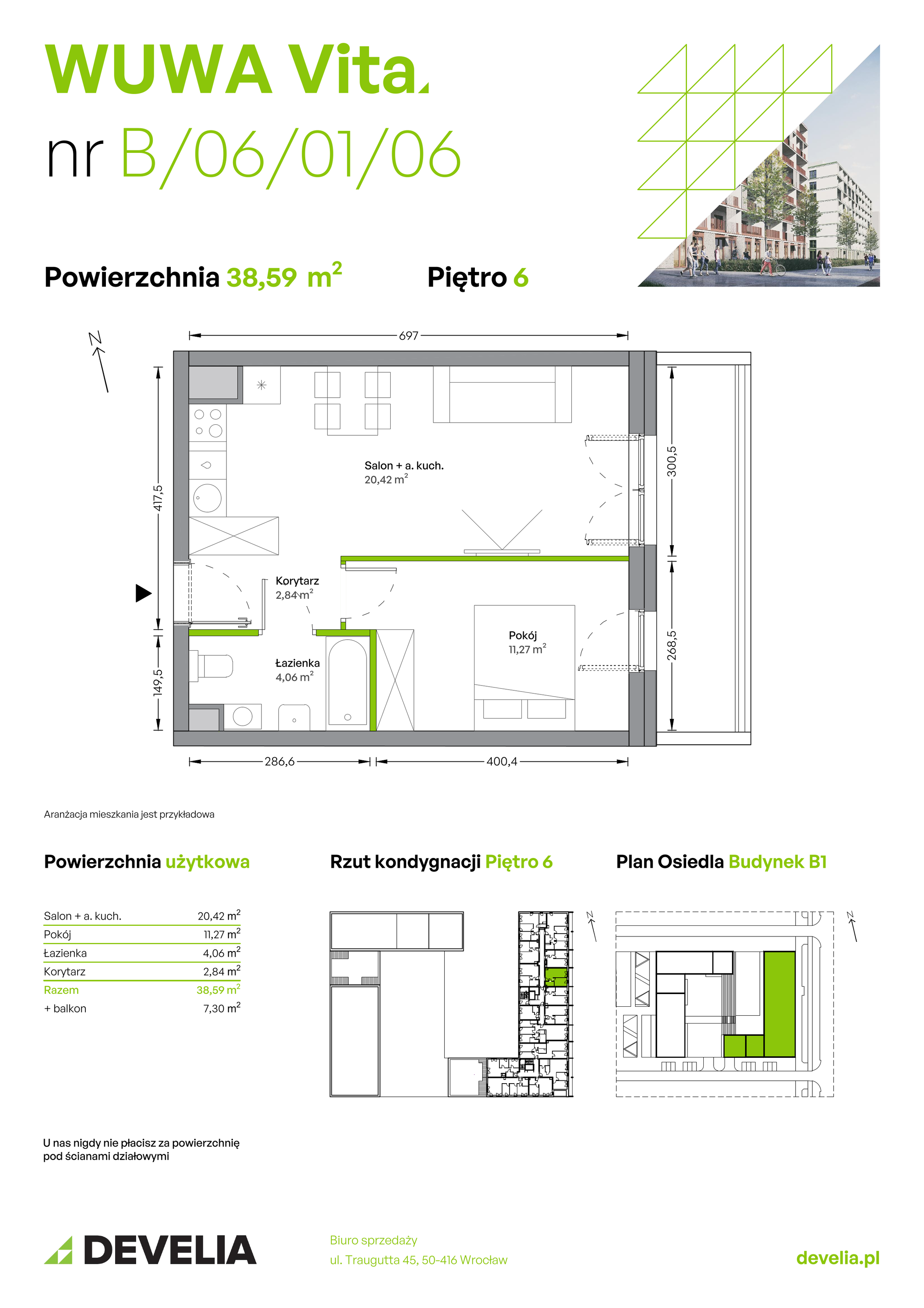 Mieszkanie 38,59 m², piętro 6, oferta nr B.06.01.06, WUWA Vita, Wrocław, Żerniki, Fabryczna, ul. Tadeusza Brzozy-idx