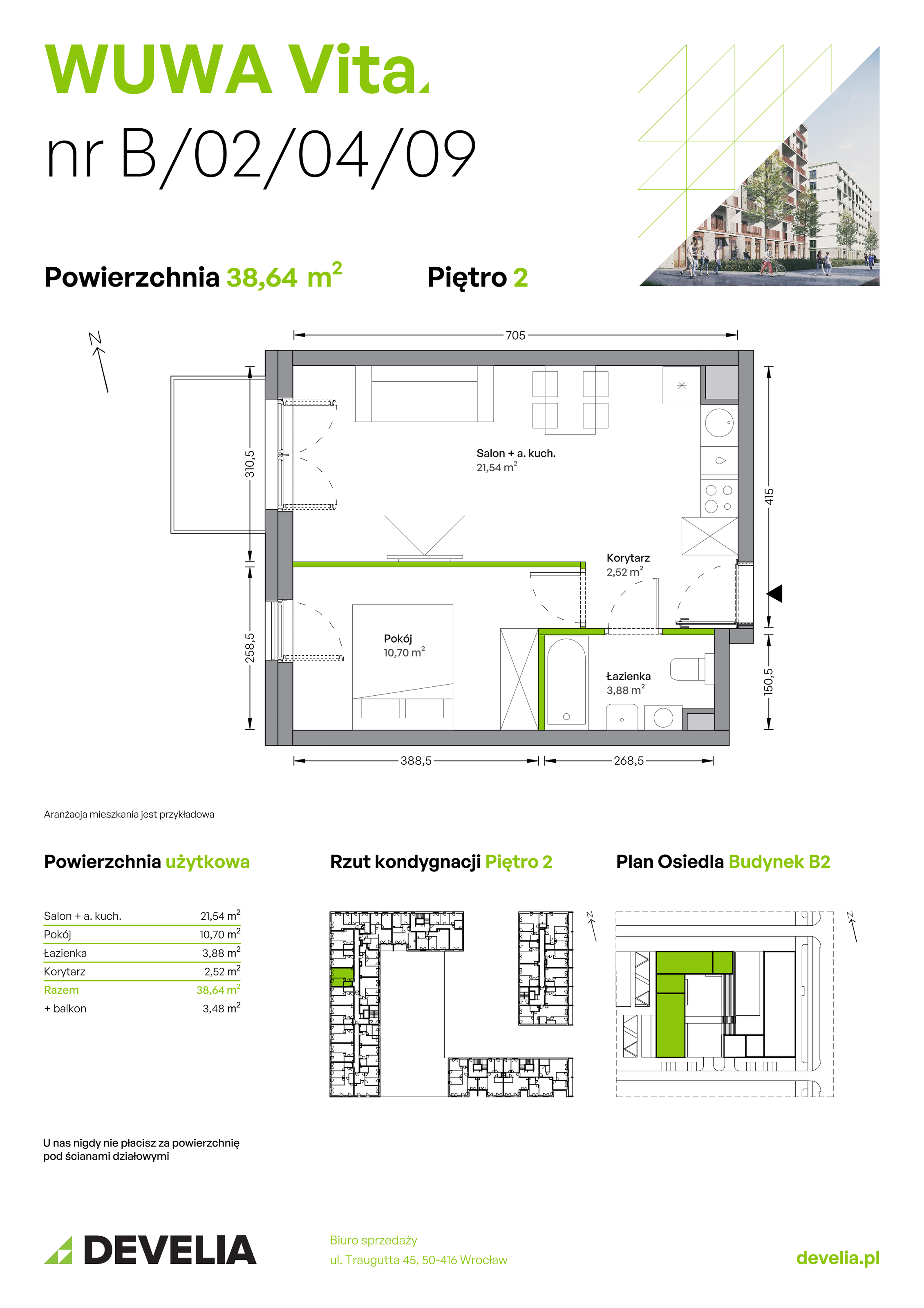 Mieszkanie 38,64 m², piętro 2, oferta nr B.02.04.09, WUWA Vita, Wrocław, Żerniki, Fabryczna, ul. Tadeusza Brzozy-idx