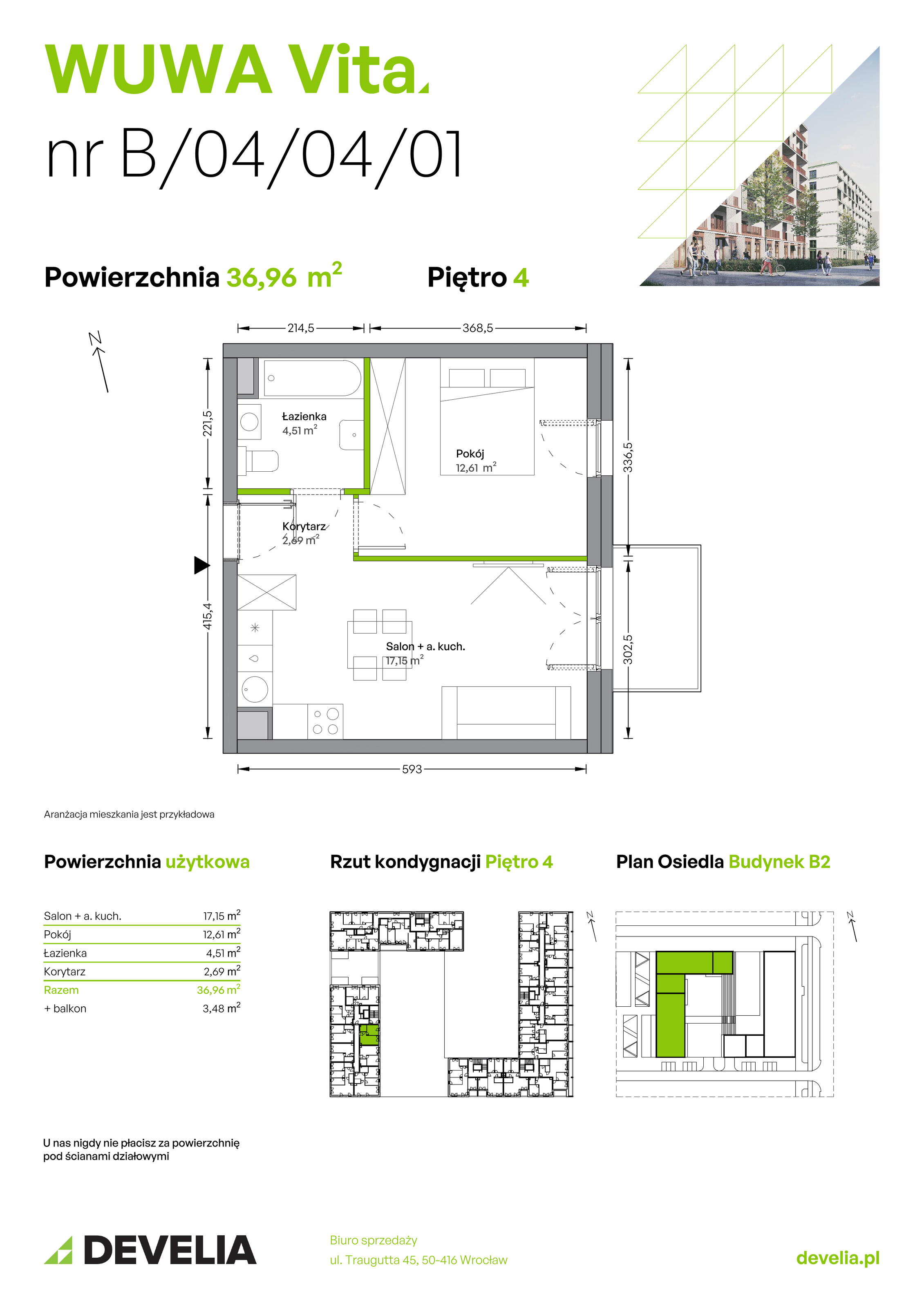 Mieszkanie 36,96 m², piętro 4, oferta nr B.04.04.01, WUWA Vita, Wrocław, Żerniki, Fabryczna, ul. Tadeusza Brzozy-idx