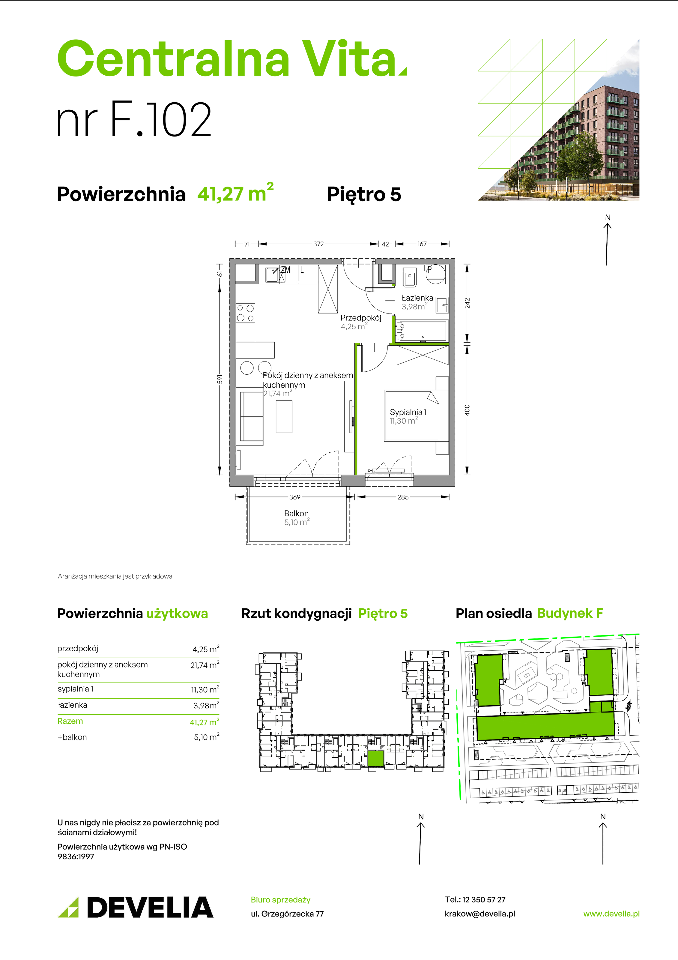 Mieszkanie 41,27 m², piętro 5, oferta nr F.102, Centralna Vita etap II, Kraków, Czyżyny, ul. Romana Ciesielskiego-idx