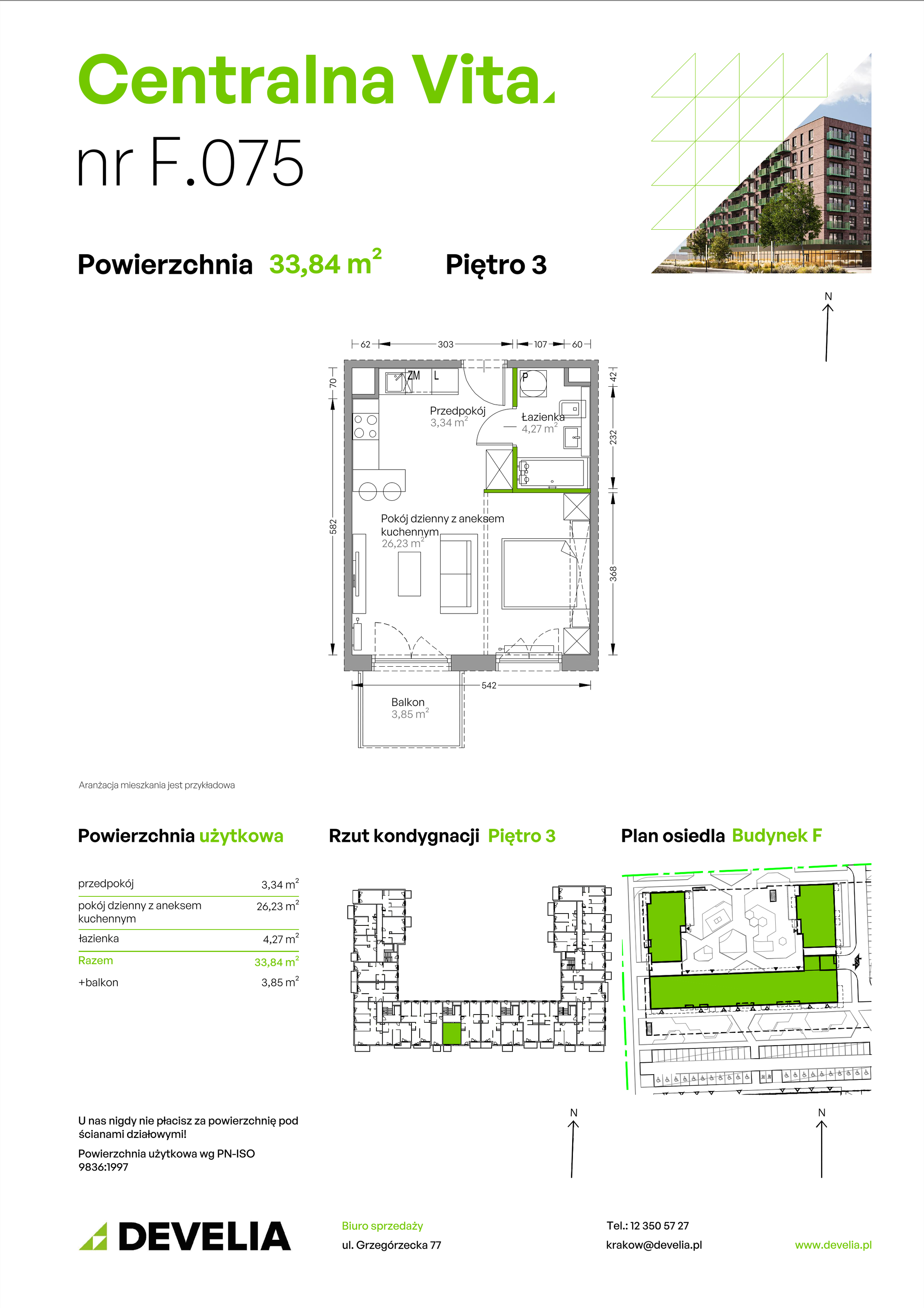 Mieszkanie 33,84 m², piętro 3, oferta nr F.075, Centralna Vita etap II, Kraków, Czyżyny, ul. Romana Ciesielskiego-idx