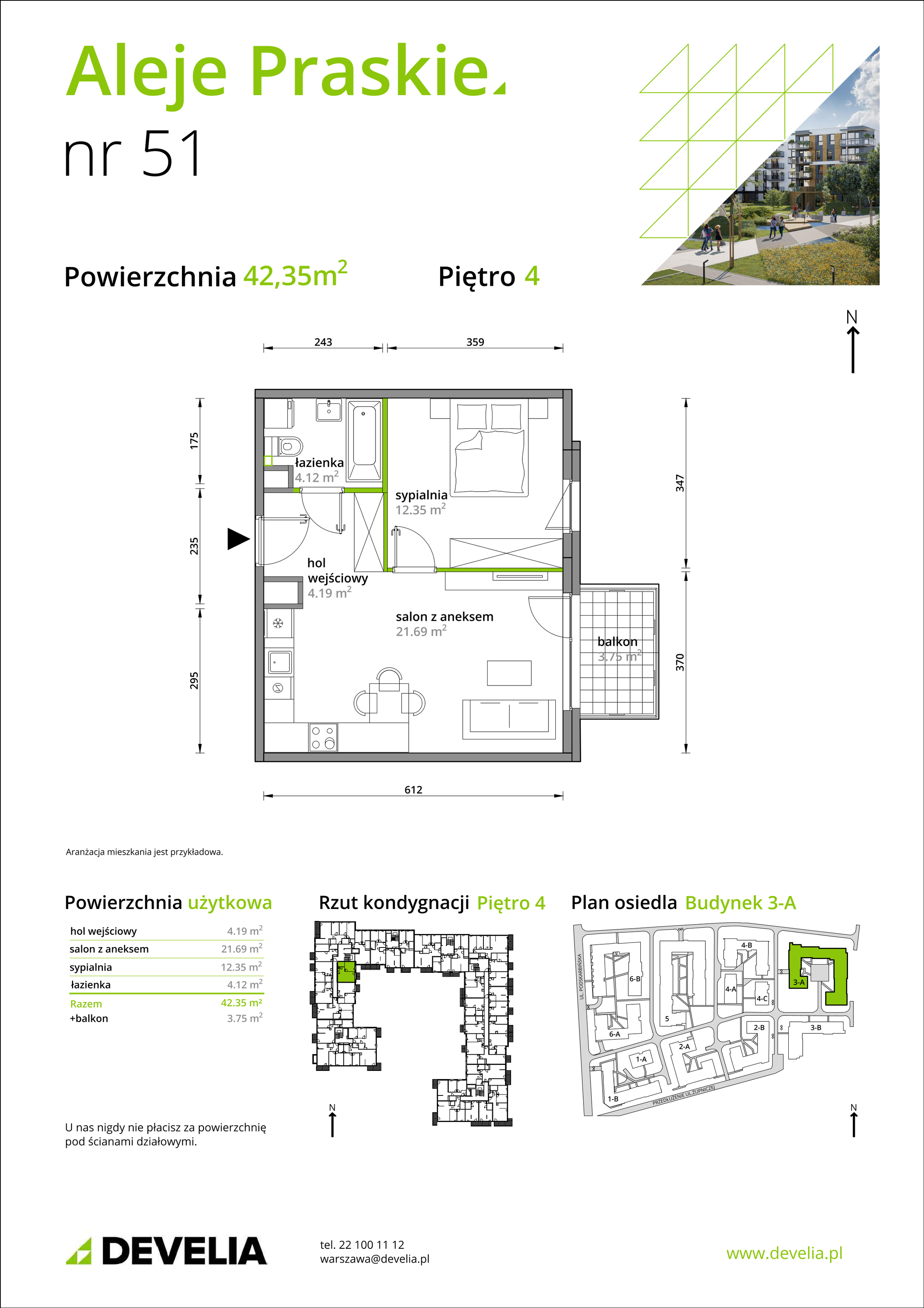 Mieszkanie 42,35 m², piętro 4, oferta nr A/051, Aleje Praskie etap III, Warszawa, Praga Południe, Kamionek, ul. Podskarbińska 32/34-idx