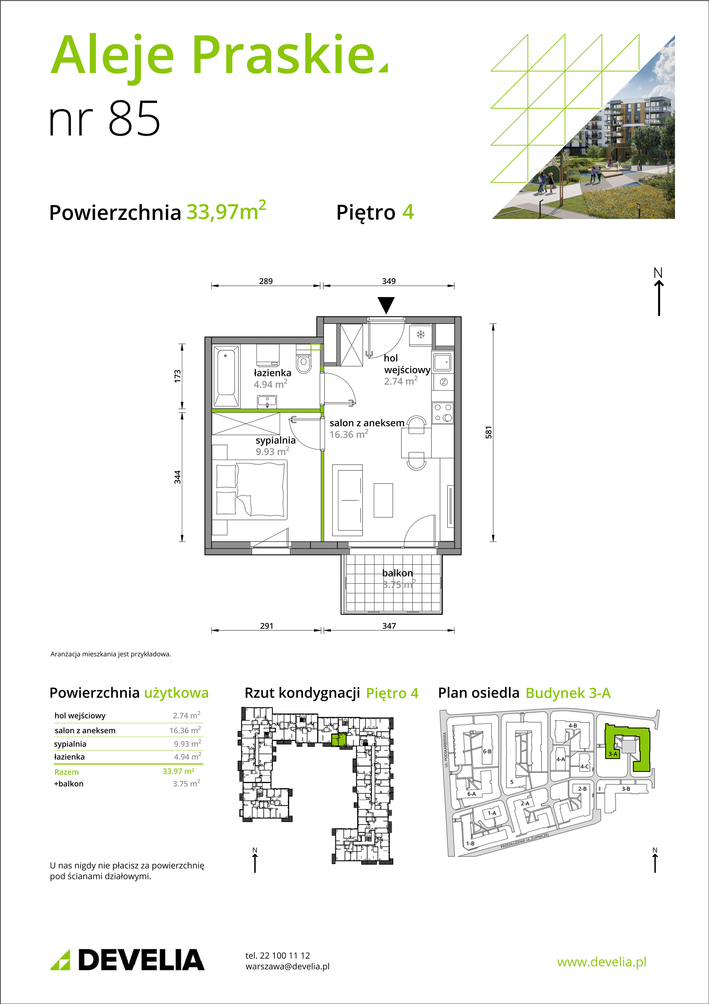 Mieszkanie 33,97 m², piętro 4, oferta nr A/085, Aleje Praskie etap III, Warszawa, Praga Południe, Kamionek, ul. Podskarbińska 32/34-idx