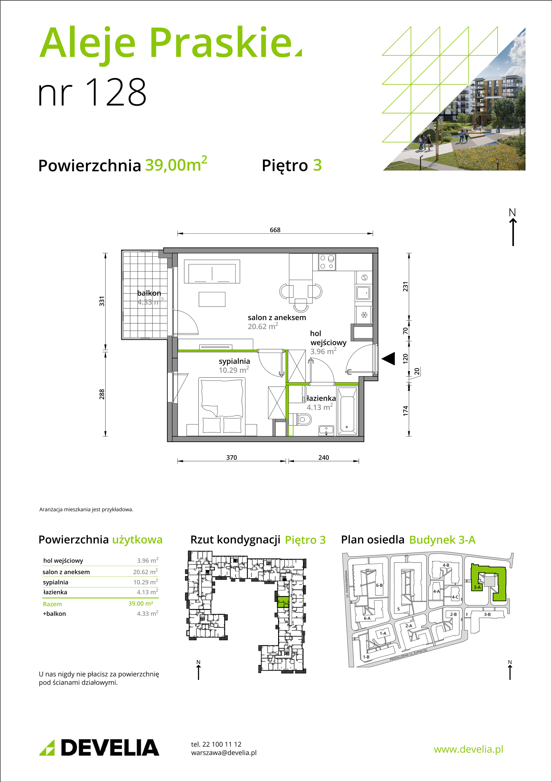 Mieszkanie 39,00 m², piętro 3, oferta nr A/128, Aleje Praskie etap III, Warszawa, Praga Południe, Kamionek, ul. Podskarbińska 32/34-idx