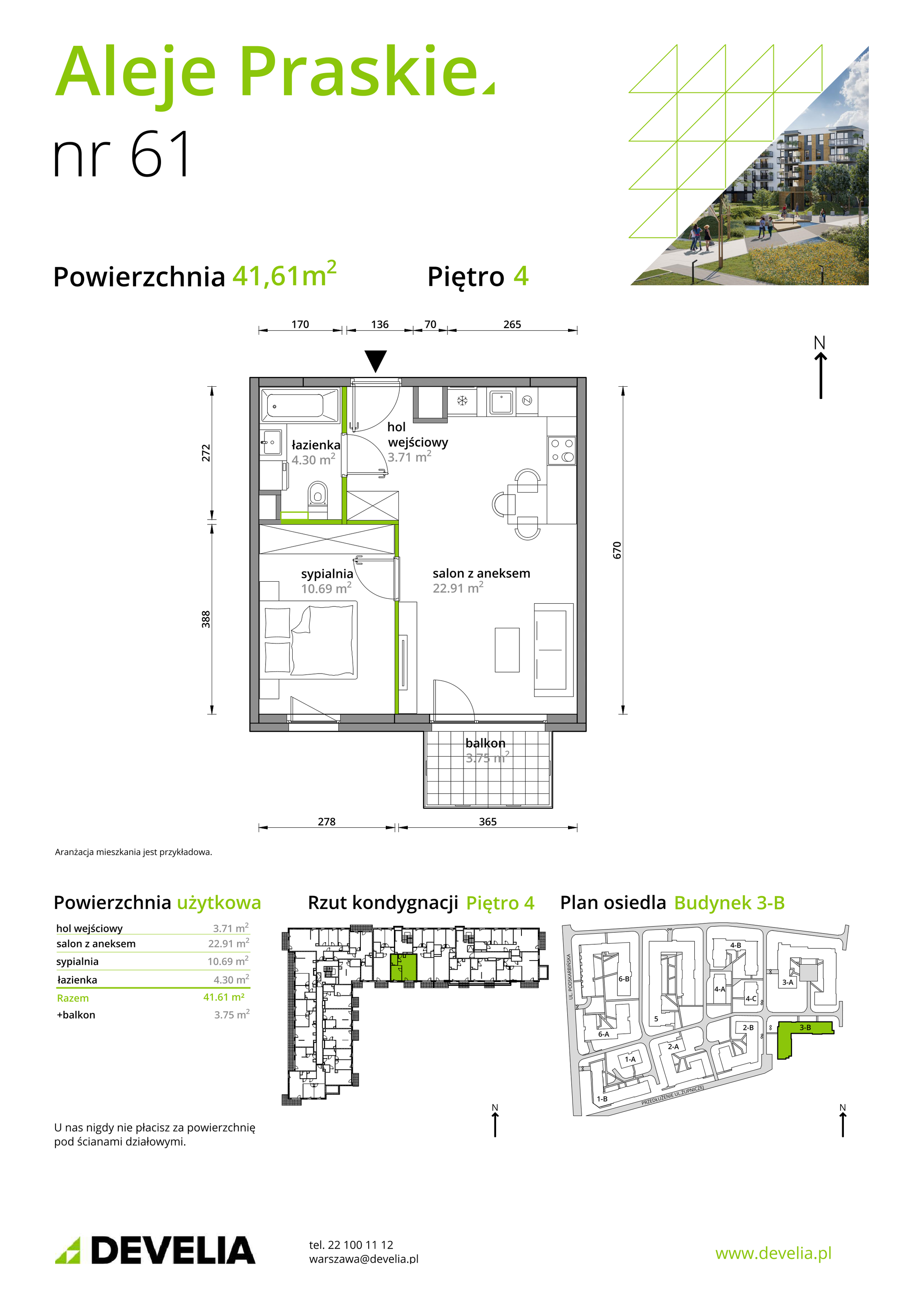 Mieszkanie 41,61 m², piętro 4, oferta nr B/061, Aleje Praskie etap III, Warszawa, Praga Południe, Kamionek, ul. Podskarbińska 32/34-idx