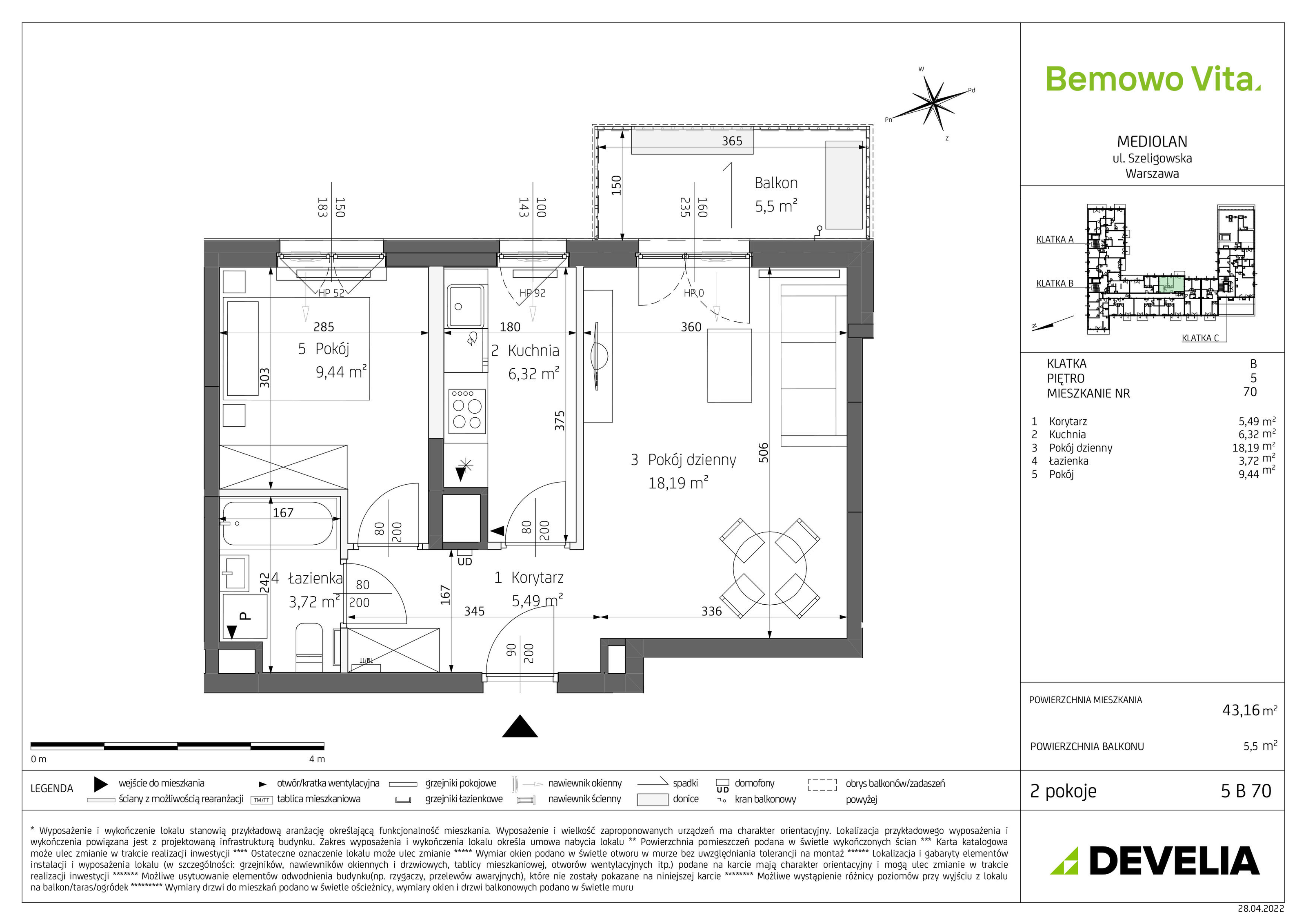 Mieszkanie 43,16 m², piętro 5, oferta nr B4/5/B70, Bemowo Vita, Warszawa, Bemowo, Chrzanów, ul. Szeligowska 59-idx