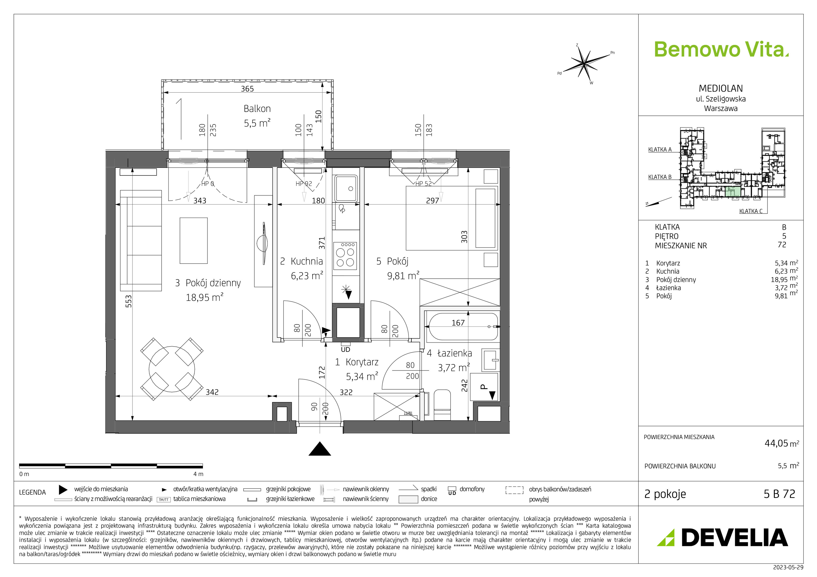 Mieszkanie 44,05 m², piętro 5, oferta nr B4/5/B72, Bemowo Vita, Warszawa, Bemowo, Chrzanów, ul. Szeligowska 59-idx