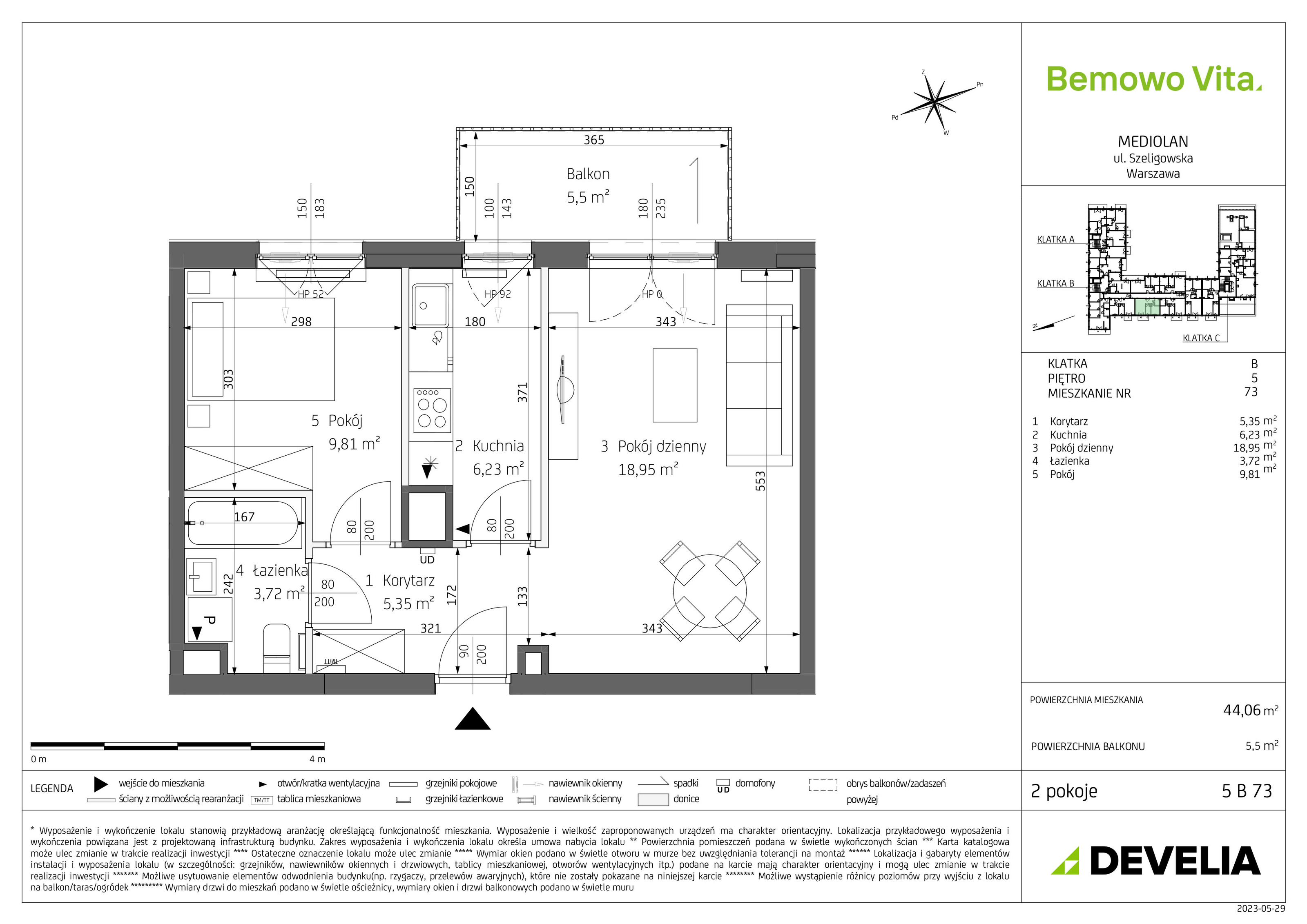 Mieszkanie 44,06 m², piętro 5, oferta nr B4/5/B73, Bemowo Vita, Warszawa, Bemowo, Chrzanów, ul. Szeligowska 59-idx