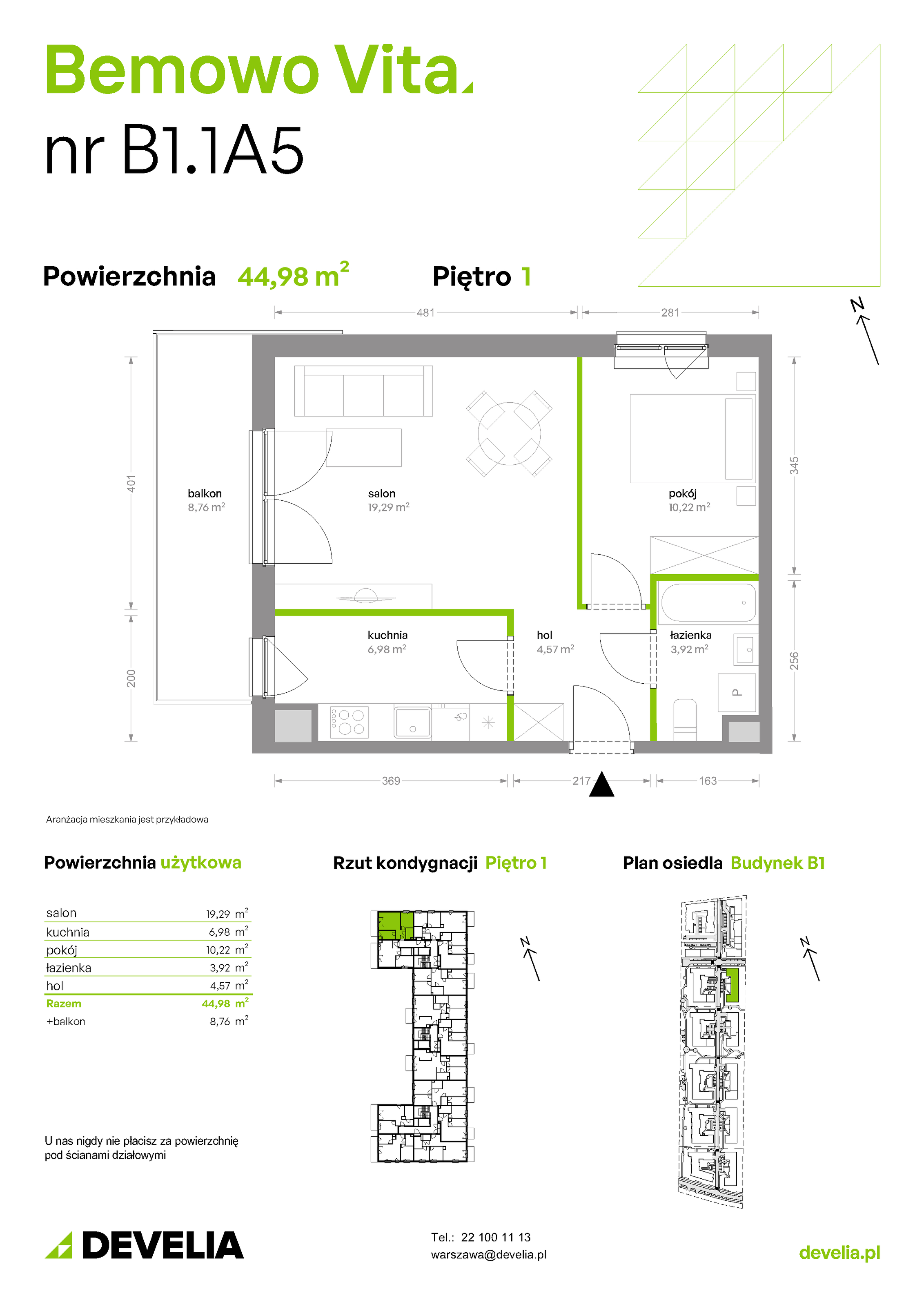 Mieszkanie 44,98 m², piętro 1, oferta nr B1/1/A5, Bemowo Vita etap II, Warszawa, Bemowo, Chrzanów, ul. Szeligowska 59-idx